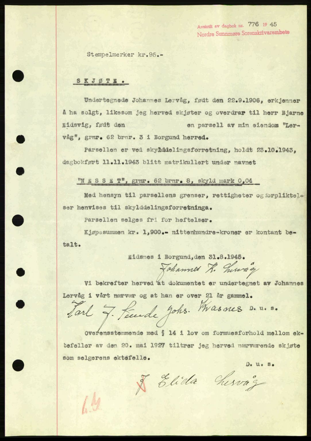 Nordre Sunnmøre sorenskriveri, SAT/A-0006/1/2/2C/2Ca: Pantebok nr. A20a, 1945-1945, Dagboknr: 776/1945