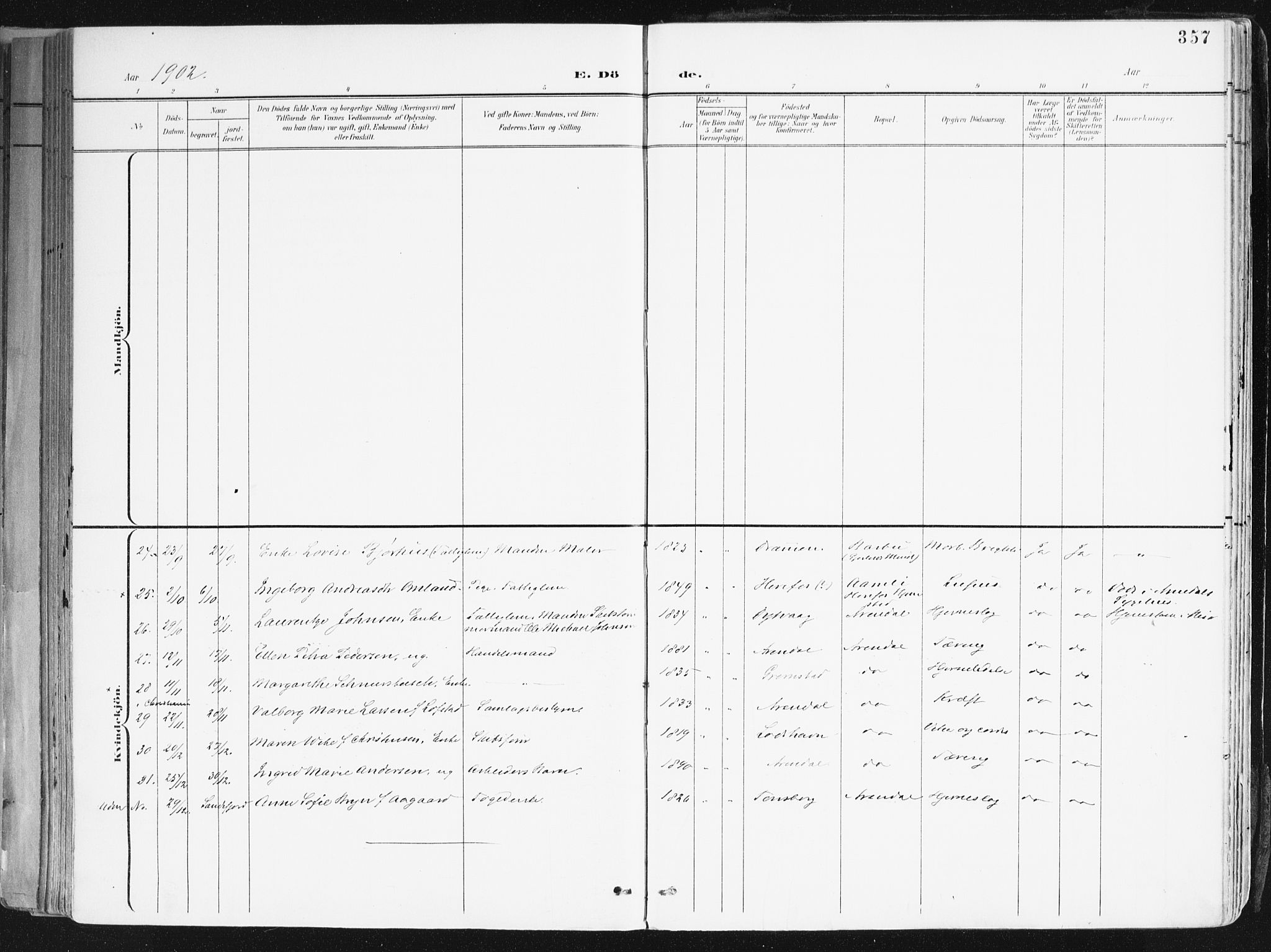 Arendal sokneprestkontor, Trefoldighet, SAK/1111-0040/F/Fa/L0010: Ministerialbok nr. A 10, 1900-1919, s. 357