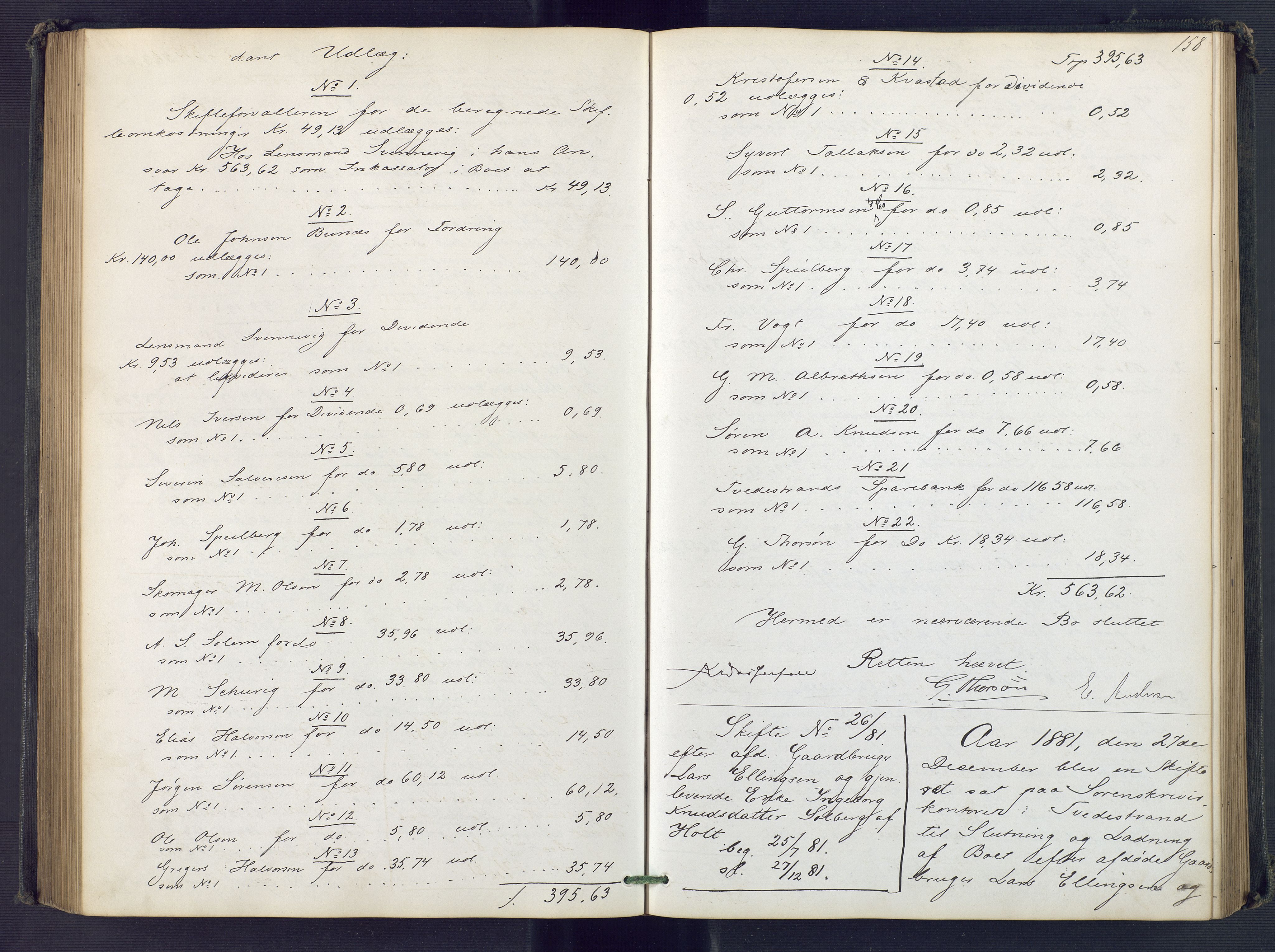 Holt sorenskriveri, SAK/1221-0002/H/Hc/L0033: Skifteutlodningsprotokoll nr. 8, 1879-1884, s. 157b-158a