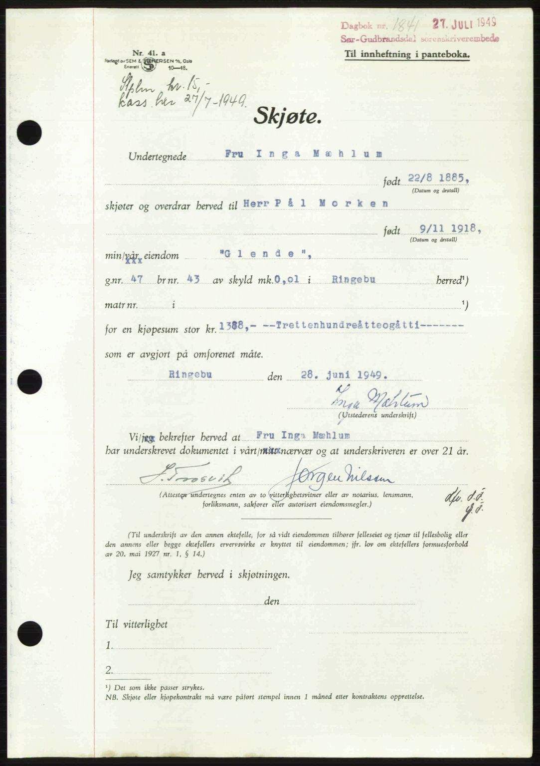 Sør-Gudbrandsdal tingrett, SAH/TING-004/H/Hb/Hbd/L0025: Pantebok nr. A25, 1949-1949, Dagboknr: 1841/1949