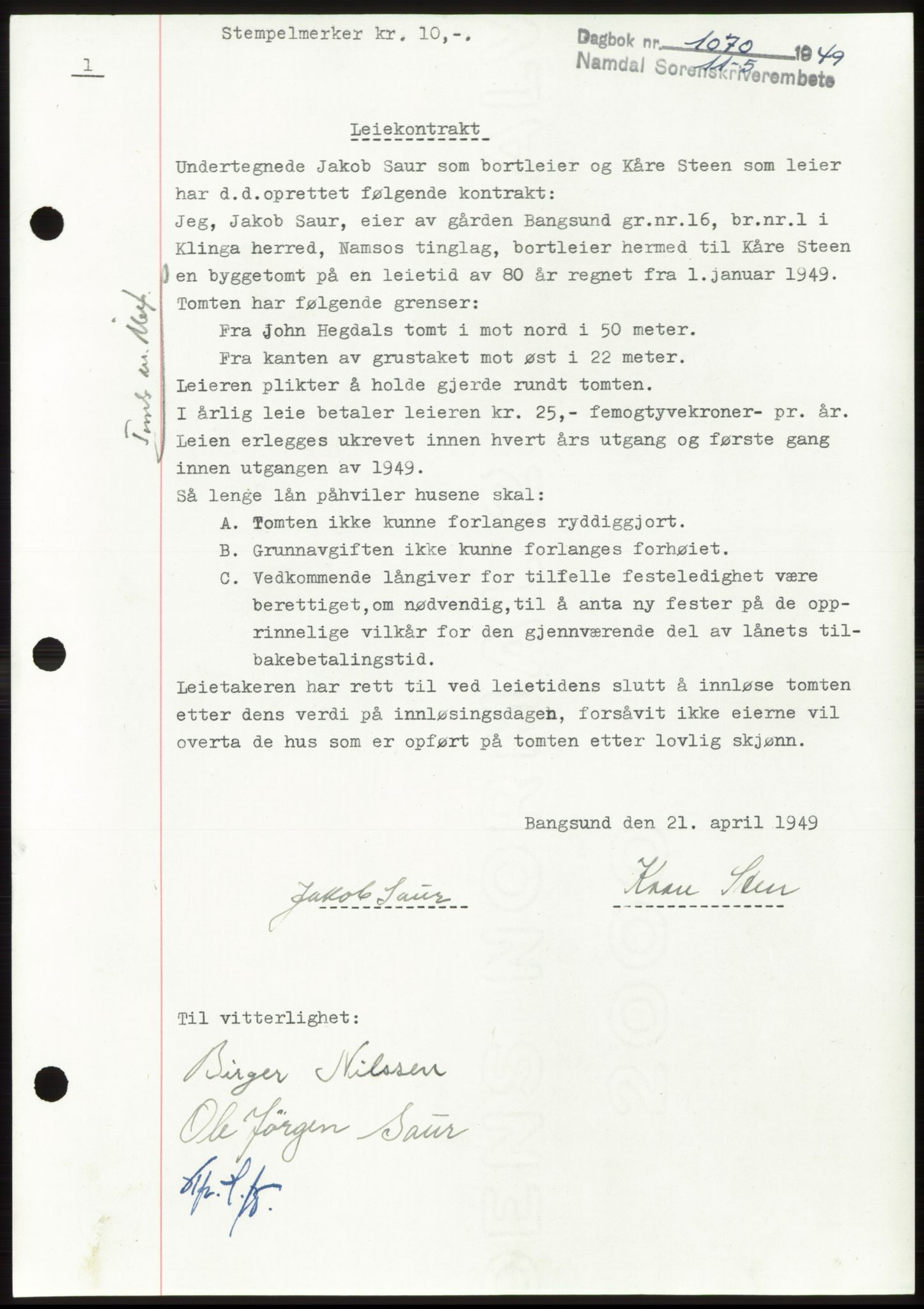 Namdal sorenskriveri, SAT/A-4133/1/2/2C: Pantebok nr. -, 1949-1949, Dagboknr: 1070/1949