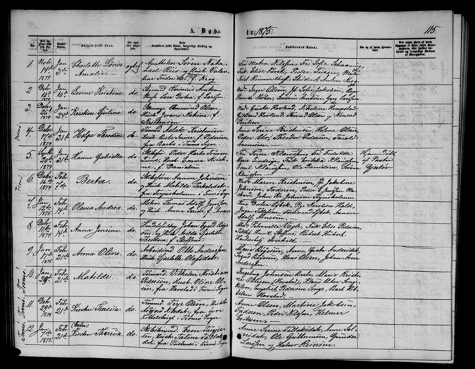 Arendal sokneprestkontor, Trefoldighet, AV/SAK-1111-0040/F/Fb/L0005: Klokkerbok nr. B 5, 1874-1888, s. 115