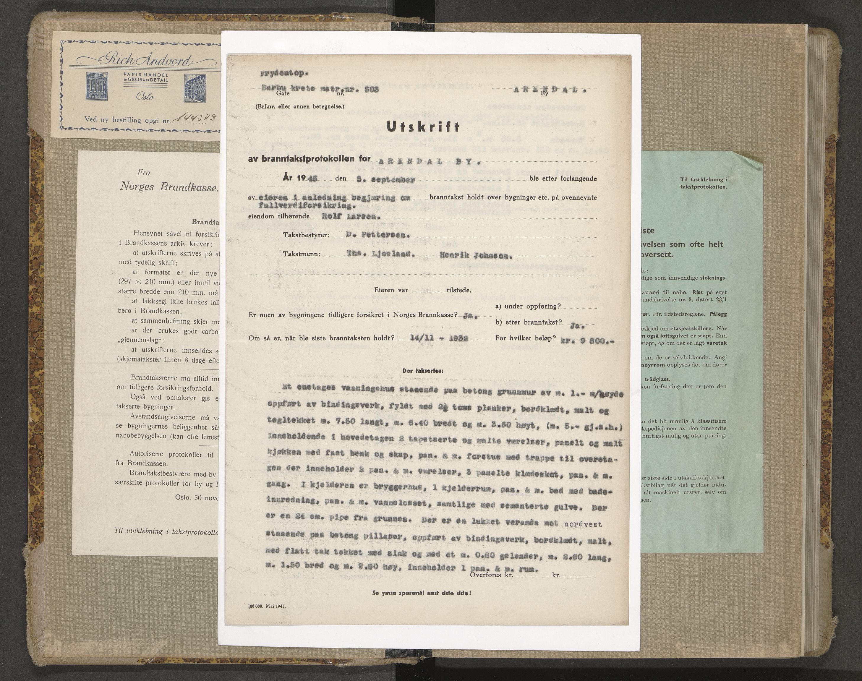 Norges Brannkasse Arendal, AV/SAK-2241-0002/F/Fa/L0035: Branntakstprotokoll nr. 33 med matrikkelnummerregister, 1944-1949