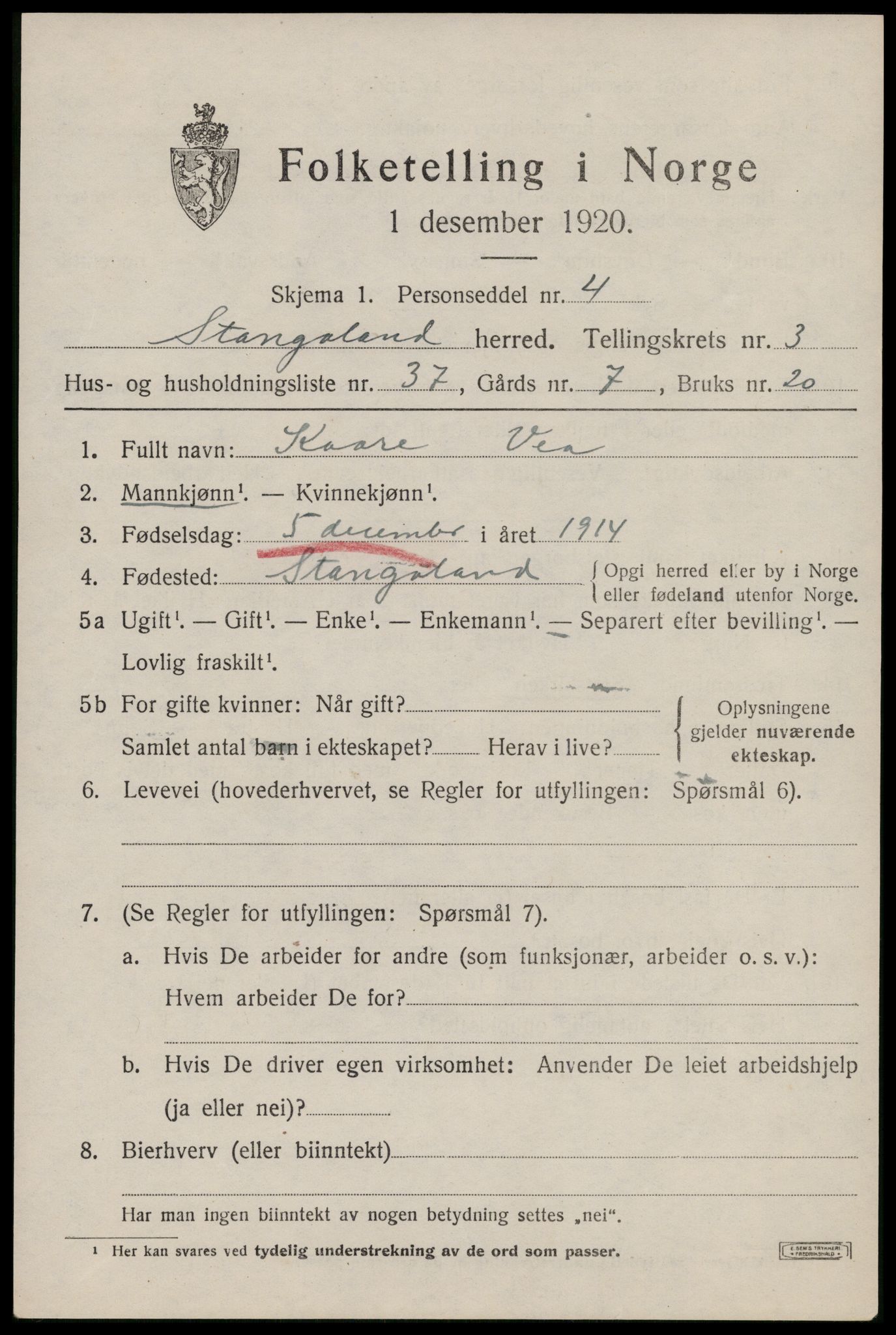 SAST, Folketelling 1920 for 1148 Stangaland herred, 1920, s. 2749