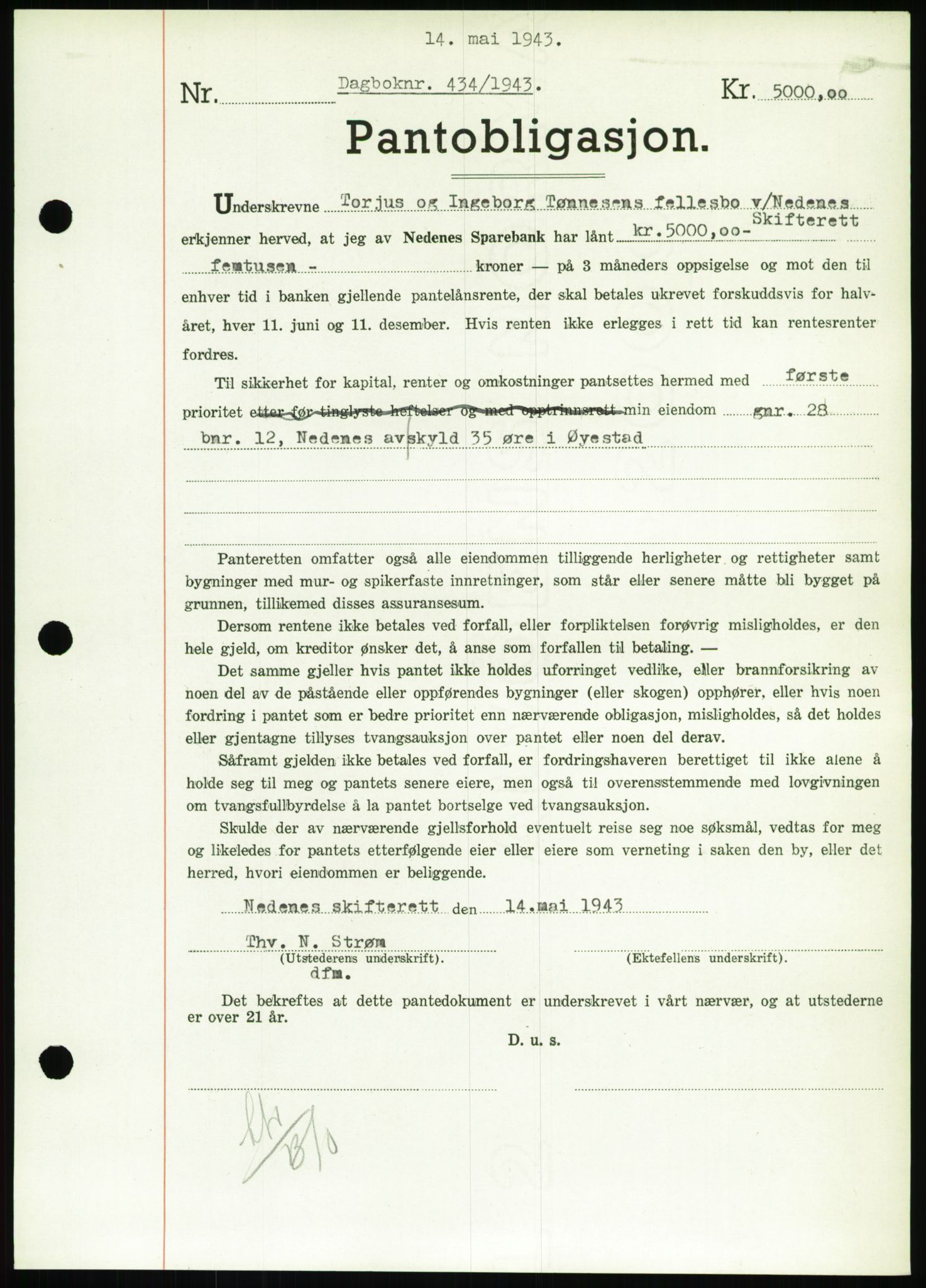 Nedenes sorenskriveri, SAK/1221-0006/G/Gb/Gbb/L0002: Pantebok nr. II, 1942-1945, Dagboknr: 434/1943