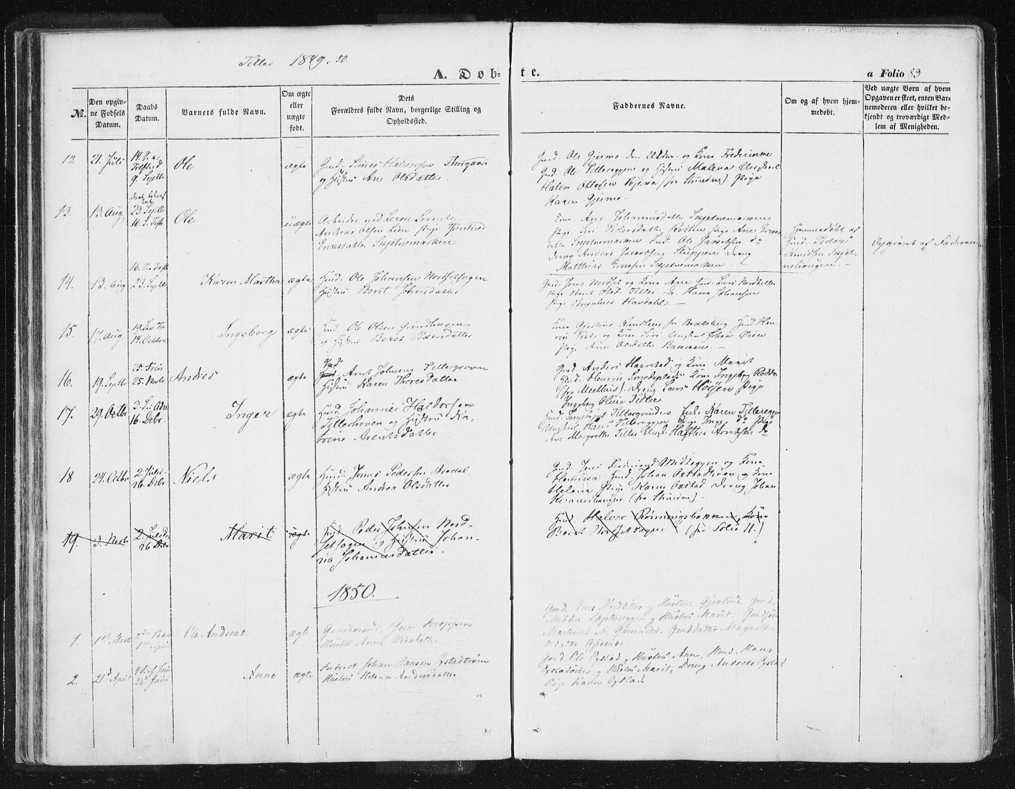 Ministerialprotokoller, klokkerbøker og fødselsregistre - Sør-Trøndelag, SAT/A-1456/618/L0441: Ministerialbok nr. 618A05, 1843-1862, s. 83