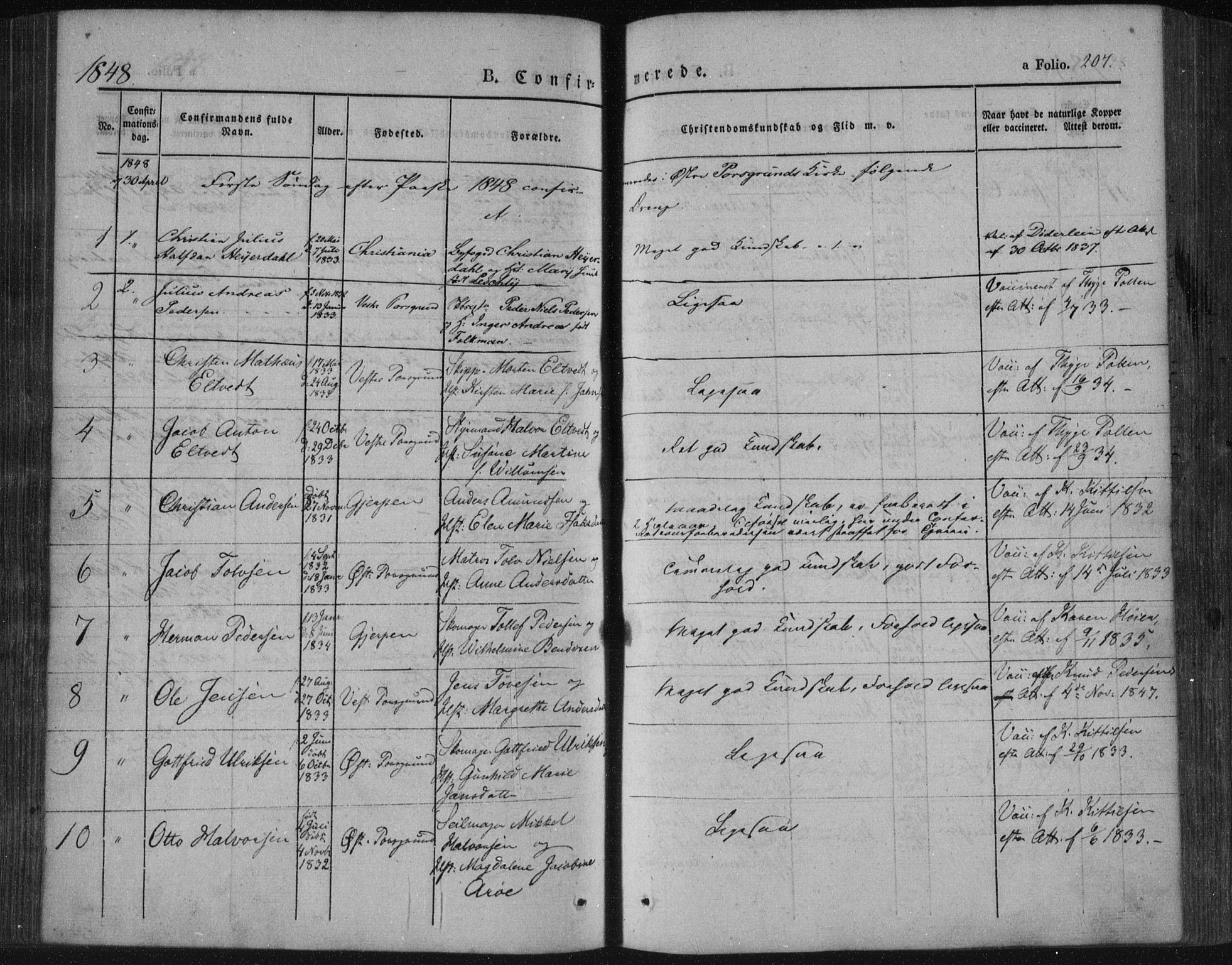 Porsgrunn kirkebøker , AV/SAKO-A-104/F/Fa/L0006: Ministerialbok nr. 6, 1841-1857, s. 207