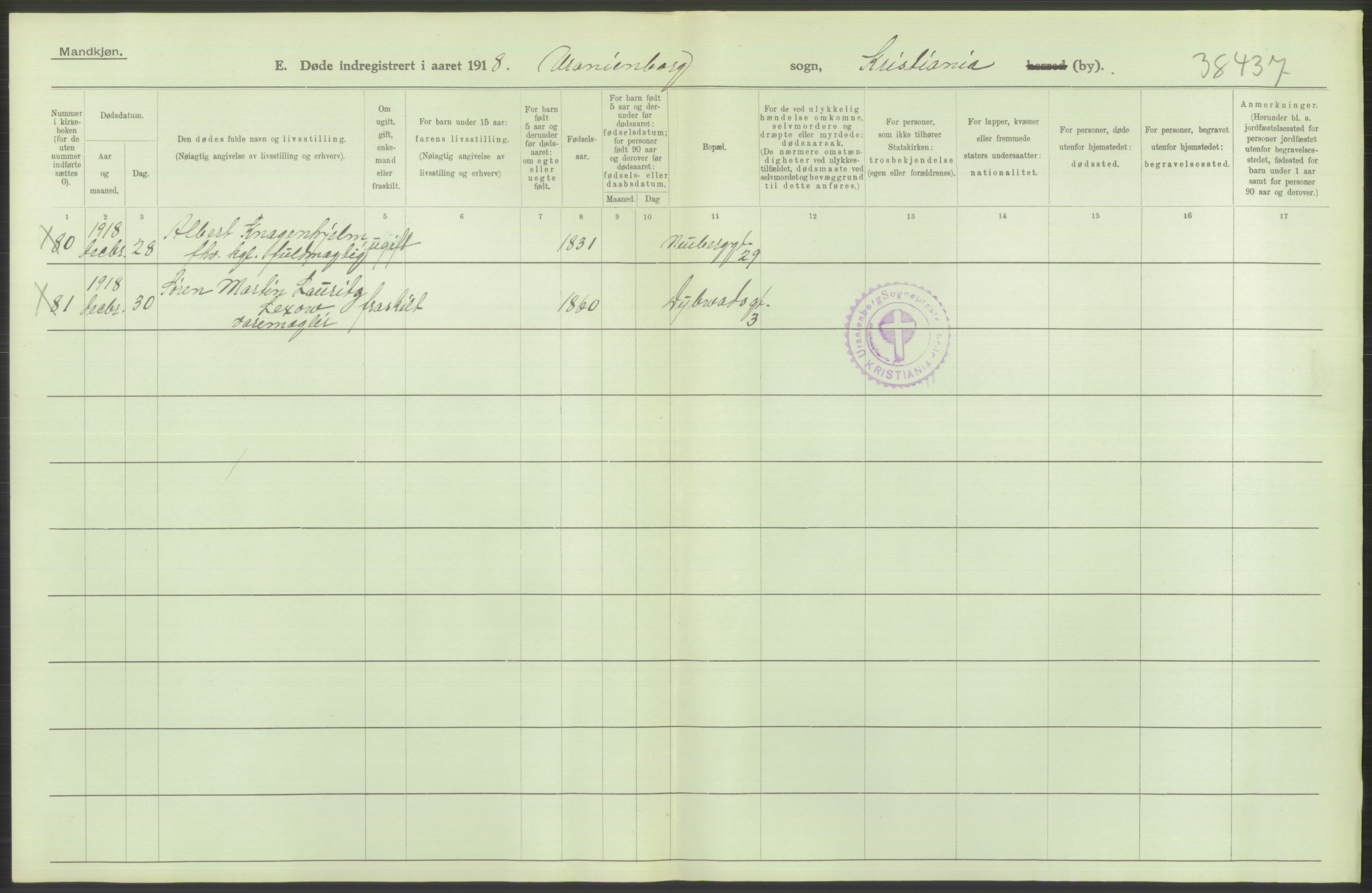 Statistisk sentralbyrå, Sosiodemografiske emner, Befolkning, RA/S-2228/D/Df/Dfb/Dfbh/L0010: Kristiania: Døde, 1918, s. 208