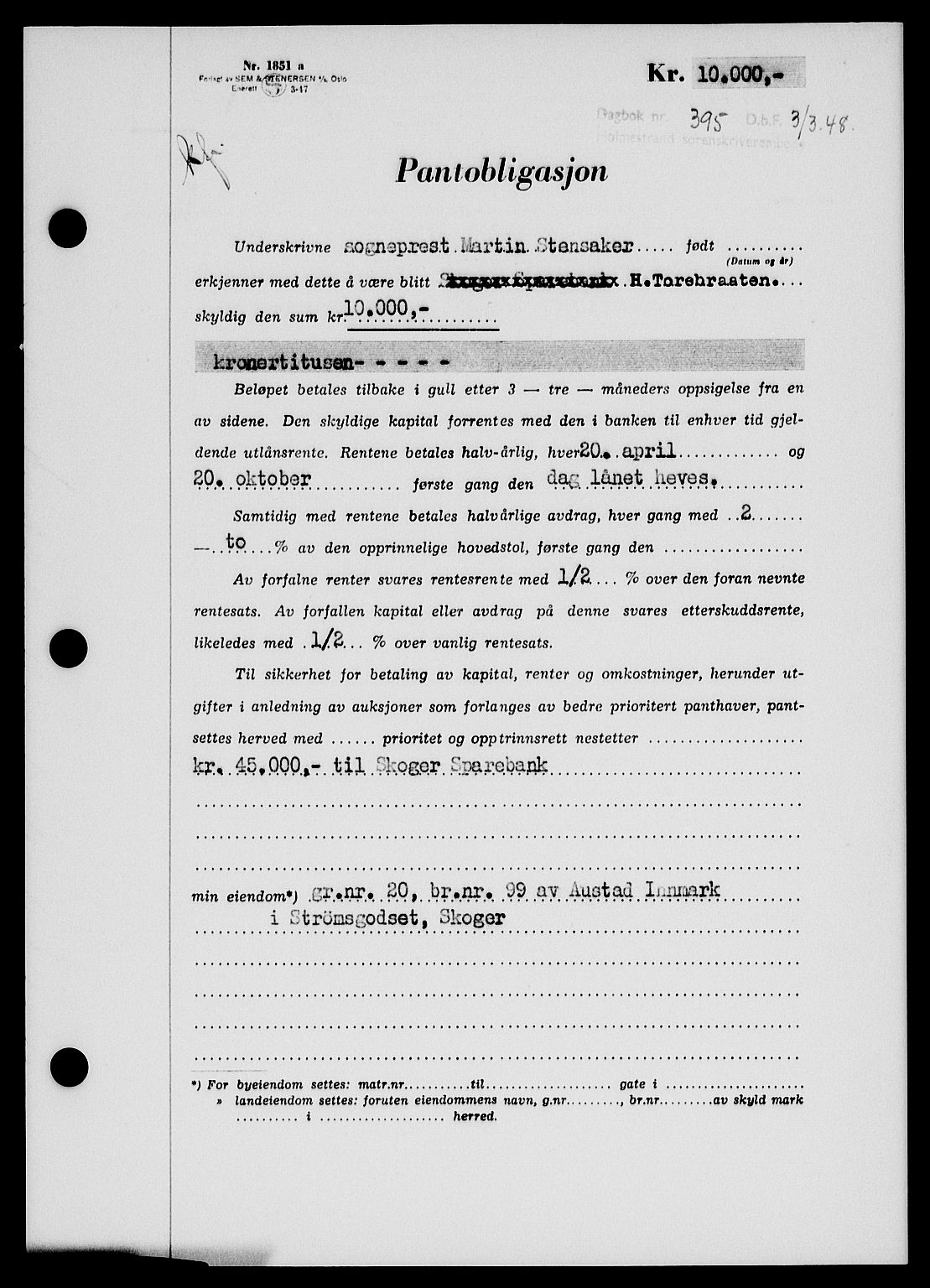 Holmestrand sorenskriveri, SAKO/A-67/G/Ga/Gab/L0058: Pantebok nr. B-58, 1947-1948, Dagboknr: 395/1948