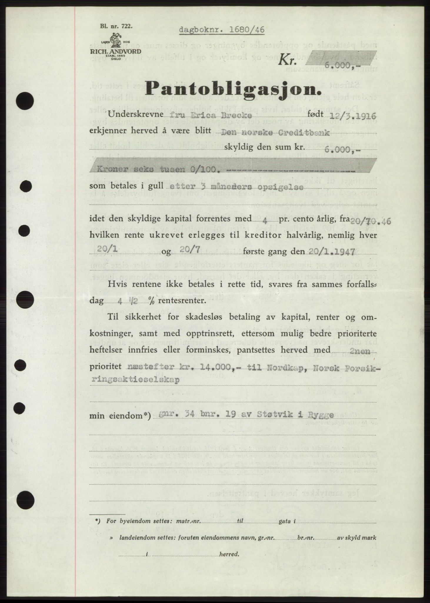 Moss sorenskriveri, SAO/A-10168: Pantebok nr. B15, 1946-1946, Dagboknr: 1680/1946