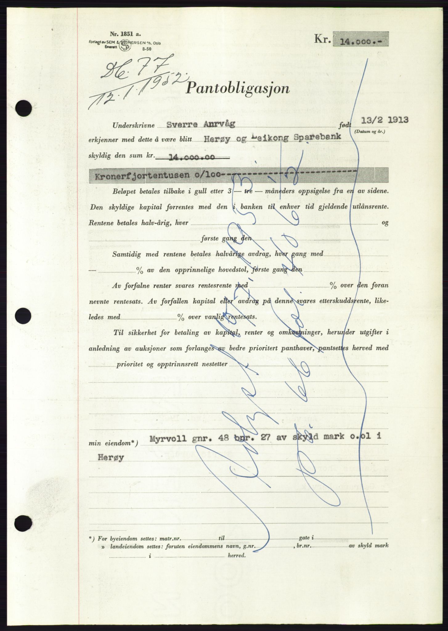Søre Sunnmøre sorenskriveri, AV/SAT-A-4122/1/2/2C/L0121: Pantebok nr. 9B, 1951-1952, Dagboknr: 77/1952