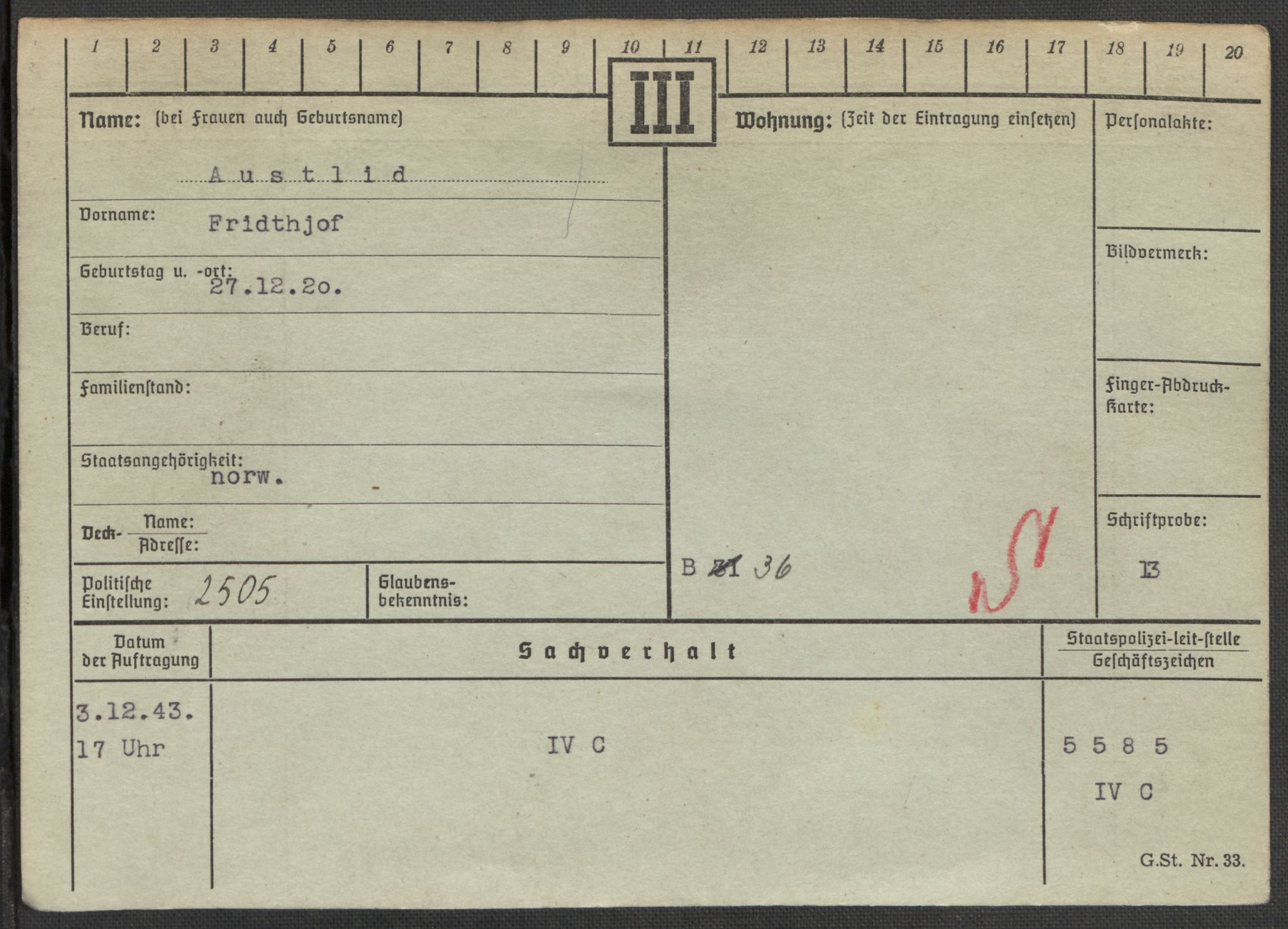 Befehlshaber der Sicherheitspolizei und des SD, RA/RAFA-5969/E/Ea/Eaa/L0001: Register over norske fanger i Møllergata 19: A-Bj, 1940-1945, s. 719
