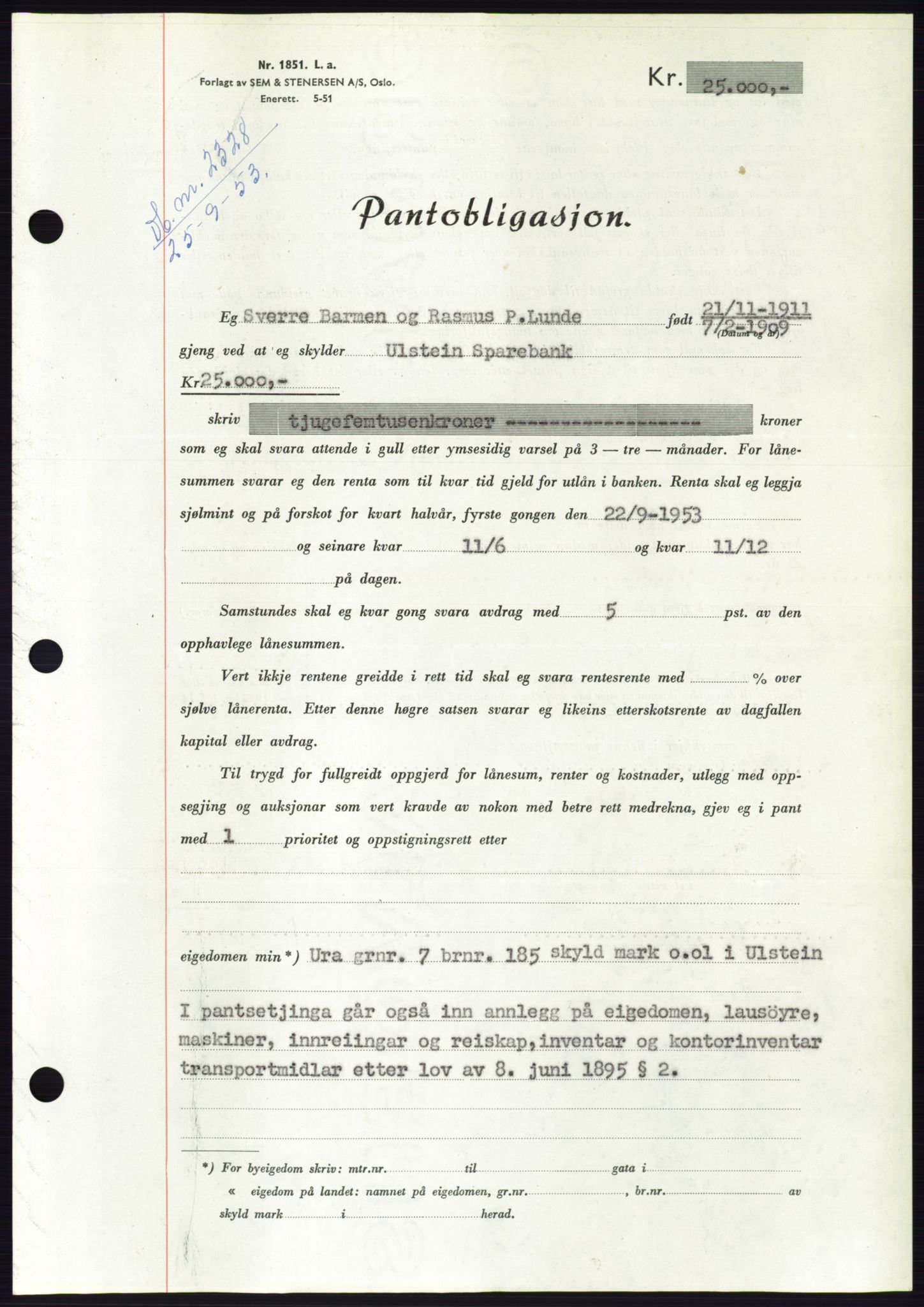 Søre Sunnmøre sorenskriveri, AV/SAT-A-4122/1/2/2C/L0124: Pantebok nr. 12B, 1953-1954, Dagboknr: 2328/1953