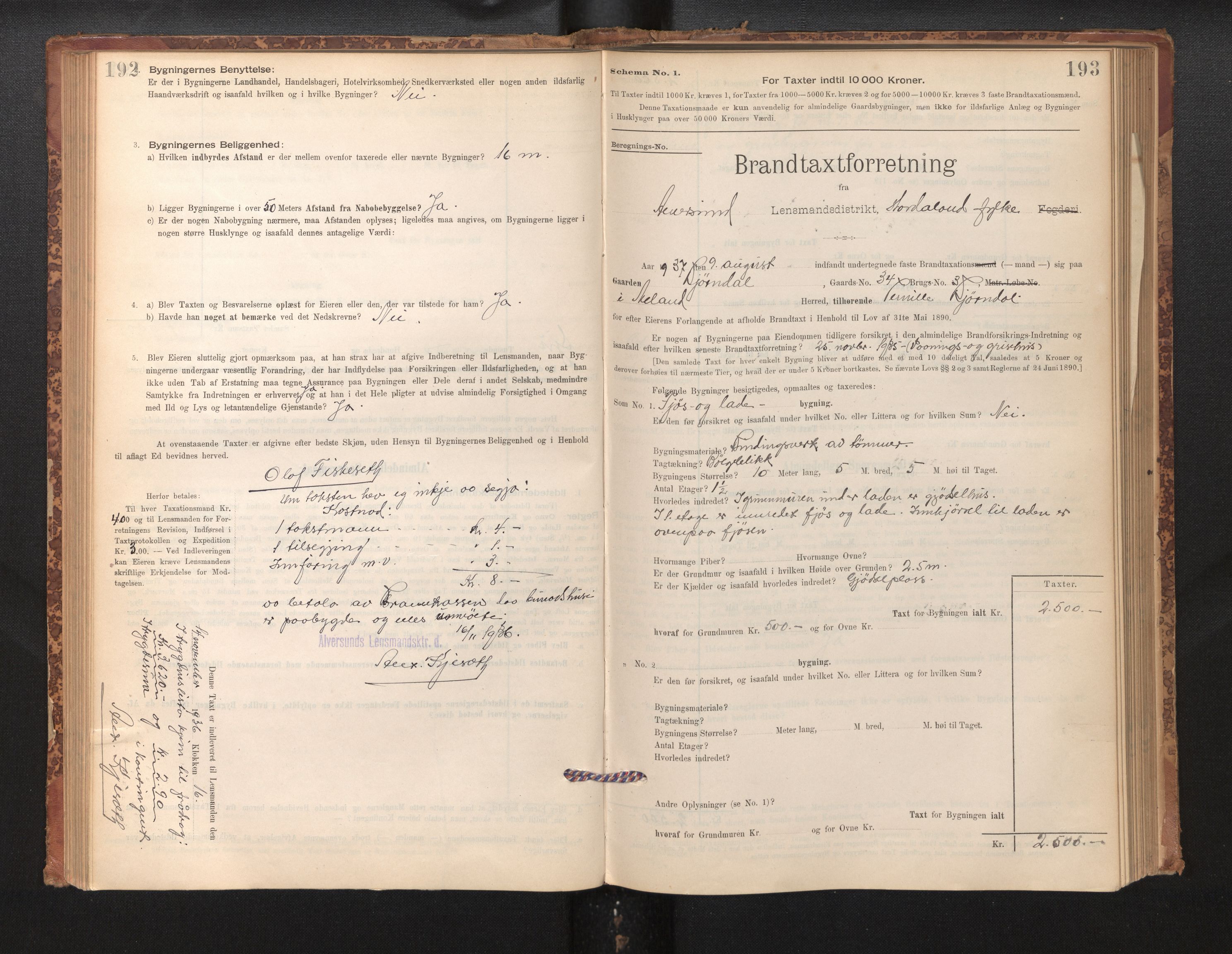 Lensmannen i Alversund, SAB/A-30701/0012/L0004: Branntakstprotokoll, skjematakst, 1894-1953, s. 192-193