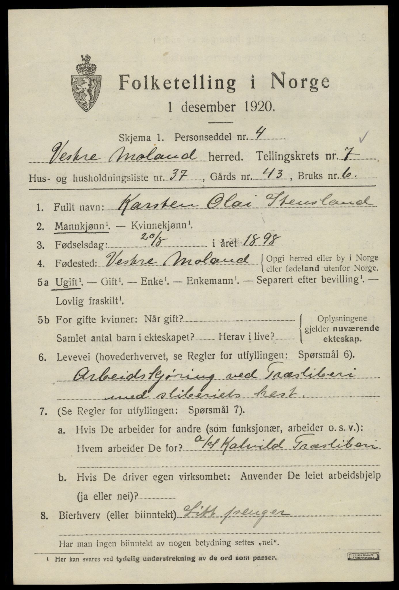 SAK, Folketelling 1920 for 0926 Vestre Moland herred, 1920, s. 5175