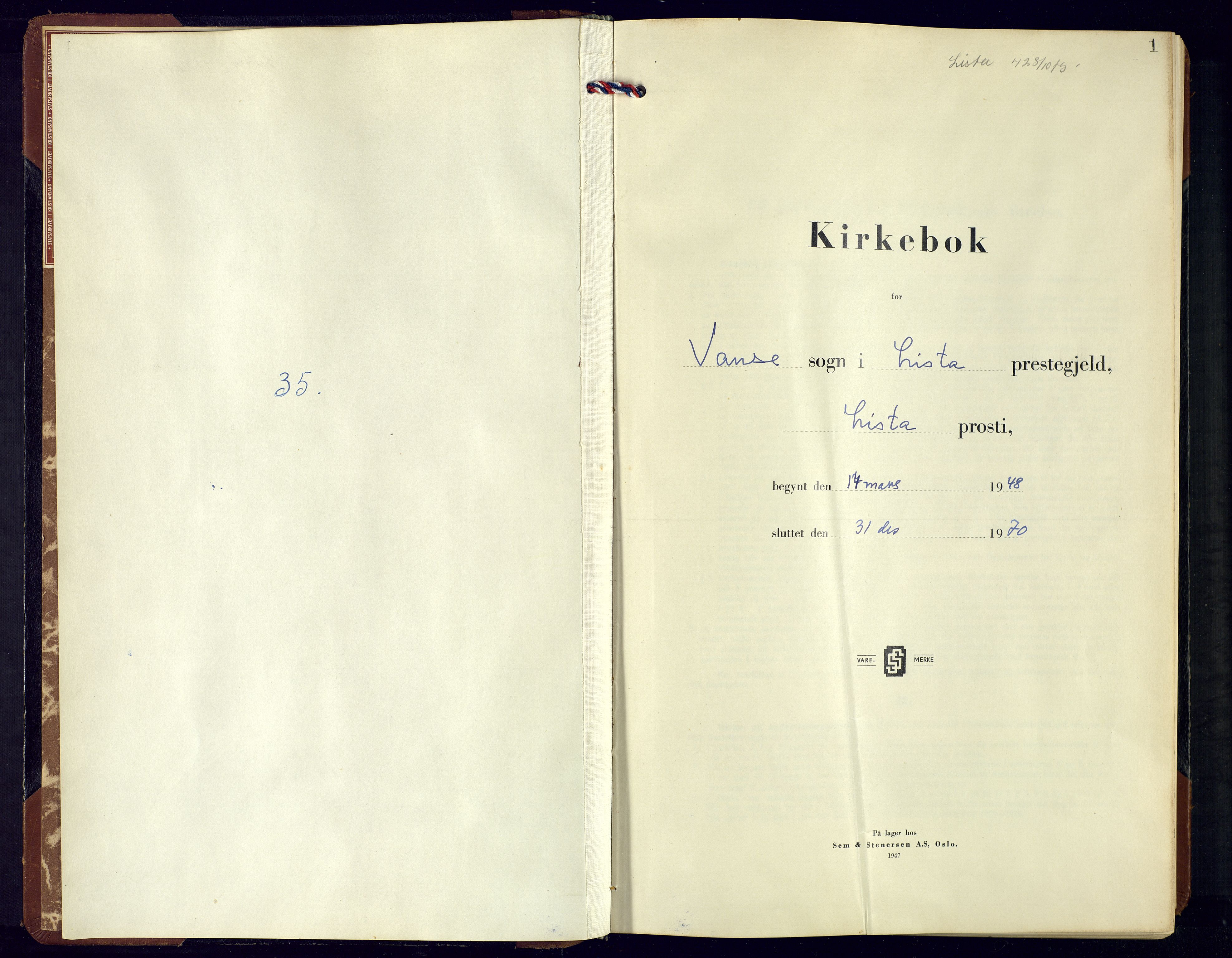 Lista sokneprestkontor, SAK/1111-0027/F/Fb/L0007: Klokkerbok nr. B 7, 1943-1970, s. 1