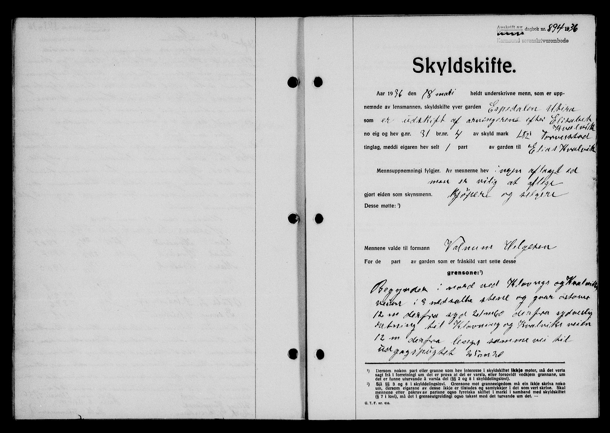 Karmsund sorenskriveri, SAST/A-100311/01/II/IIB/L0066: Pantebok nr. 47A, 1936-1936, Dagboknr: 894/1936