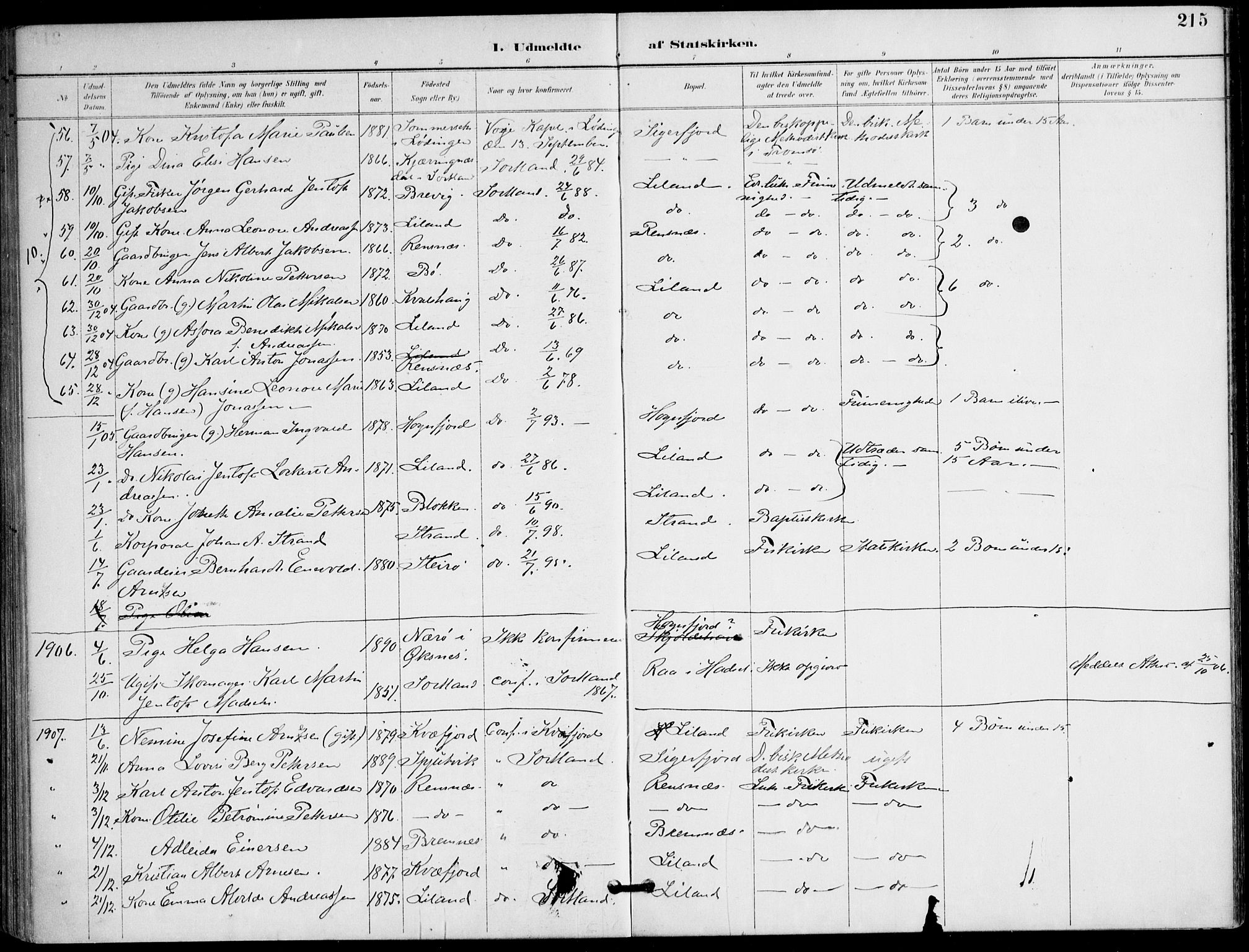 Ministerialprotokoller, klokkerbøker og fødselsregistre - Nordland, AV/SAT-A-1459/895/L1372: Ministerialbok nr. 895A07, 1894-1914, s. 215