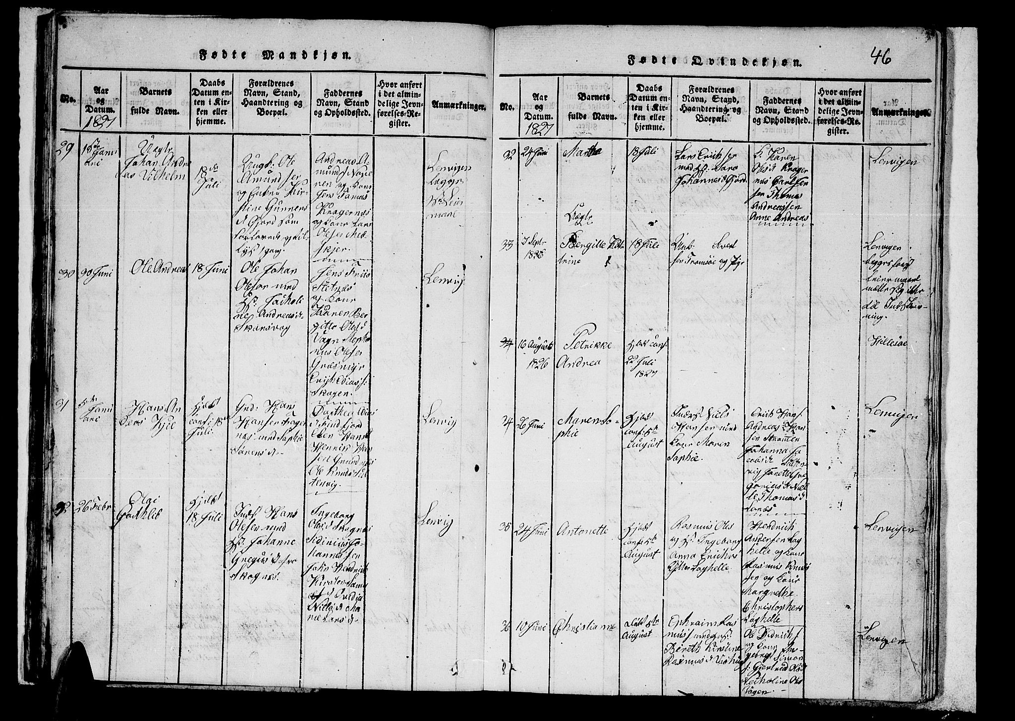 Lenvik sokneprestembete, AV/SATØ-S-1310/H/Ha/Hab/L0001klokker: Klokkerbok nr. 1, 1822-1837, s. 46