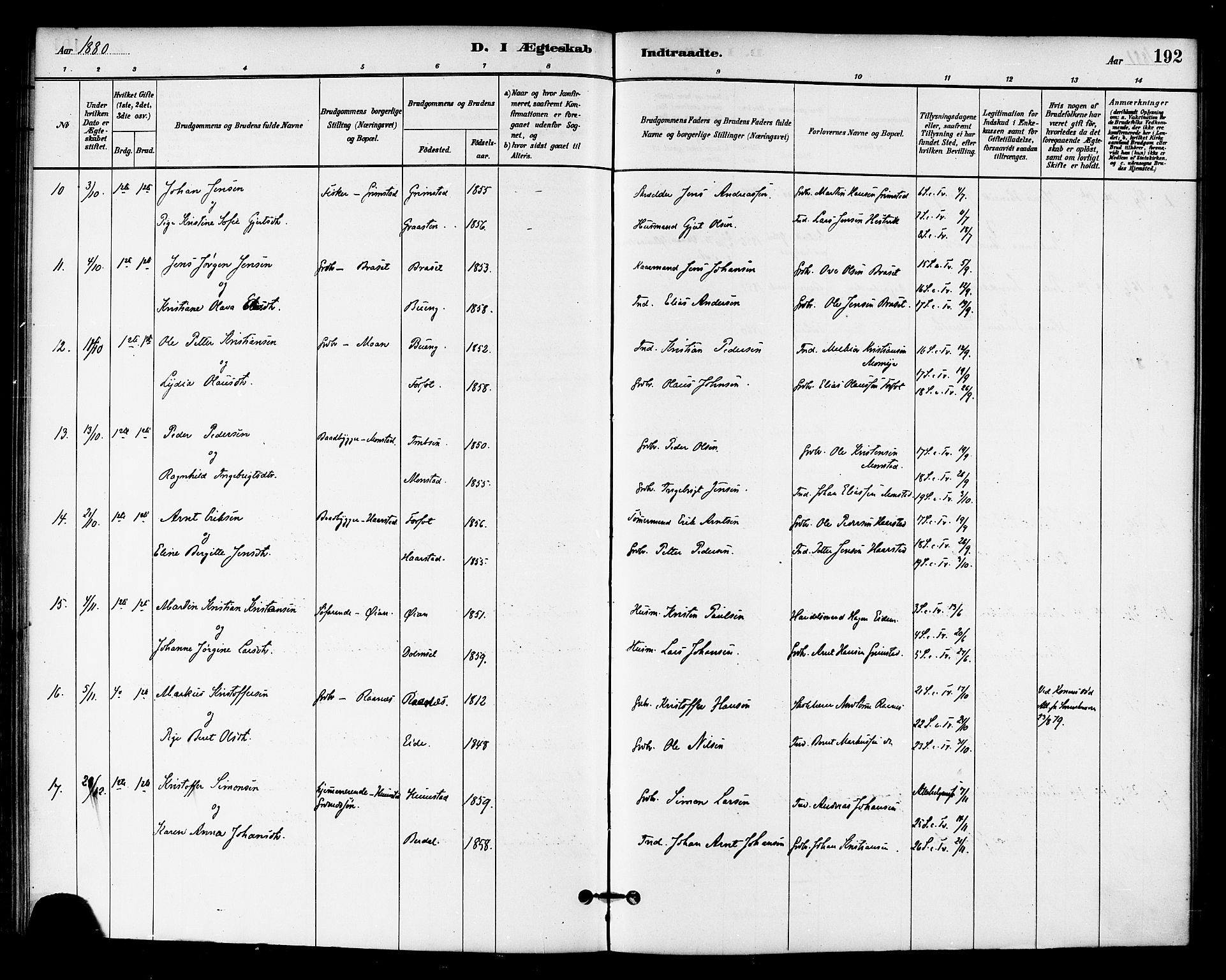 Ministerialprotokoller, klokkerbøker og fødselsregistre - Sør-Trøndelag, AV/SAT-A-1456/655/L0680: Ministerialbok nr. 655A09, 1880-1894, s. 192