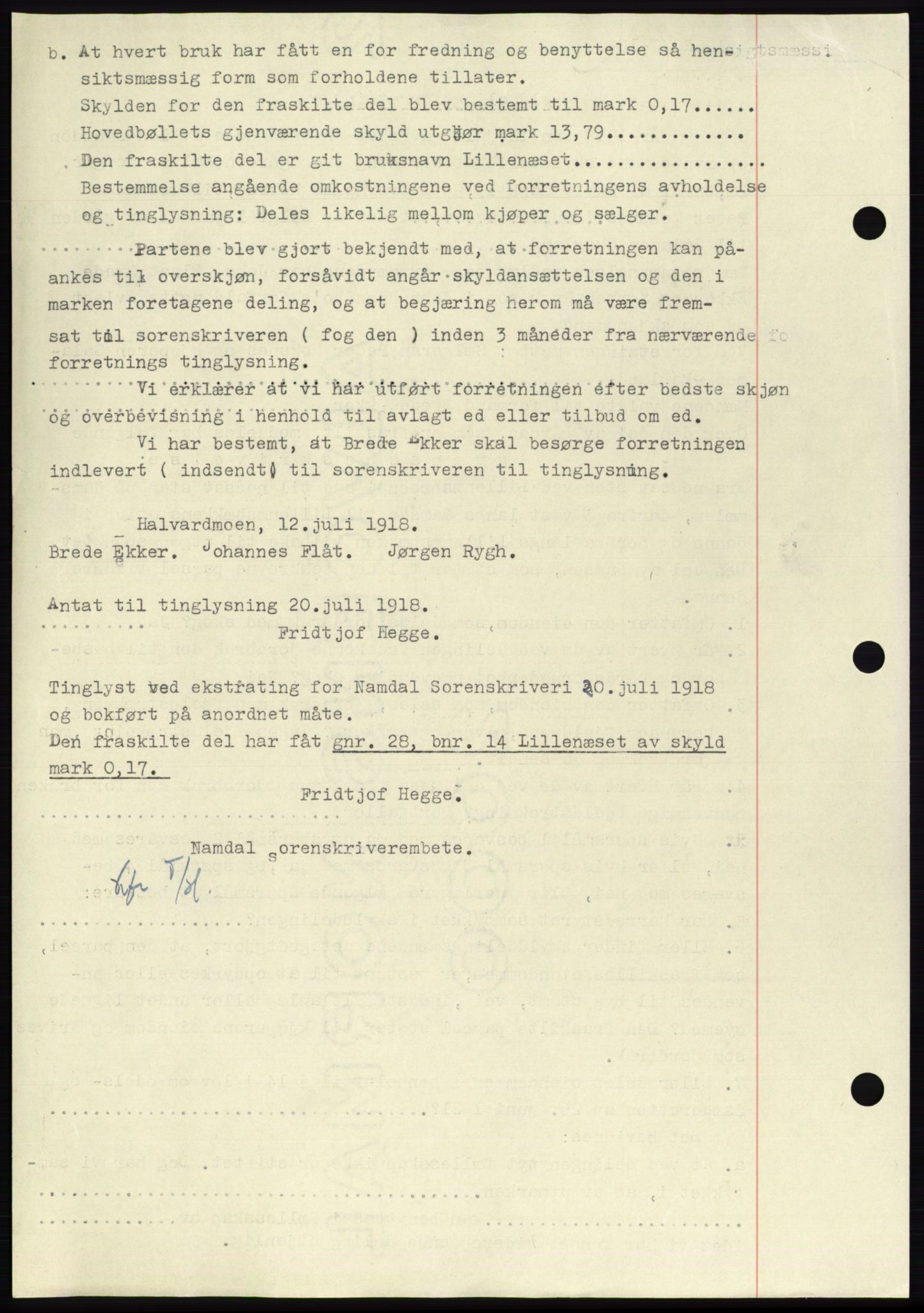 Namdal sorenskriveri, SAT/A-4133/1/2/2C: Pantebok nr. -, 1916-1921, Tingl.dato: 20.07.1918