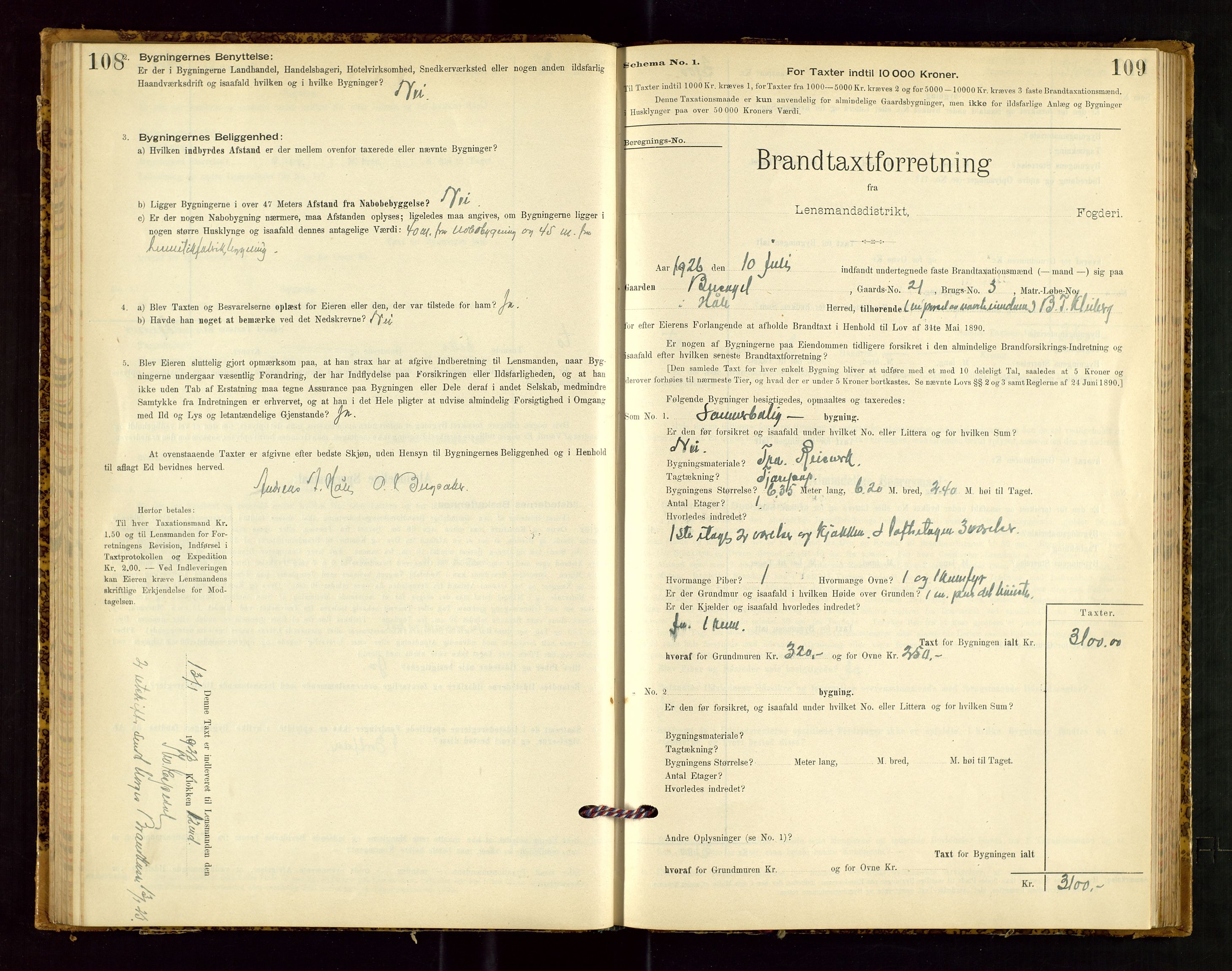 Høle og Forsand lensmannskontor, SAST/A-100127/Gob/L0001: "Brandtaxtprotokol" - skjematakst, 1897-1940, s. 108-109