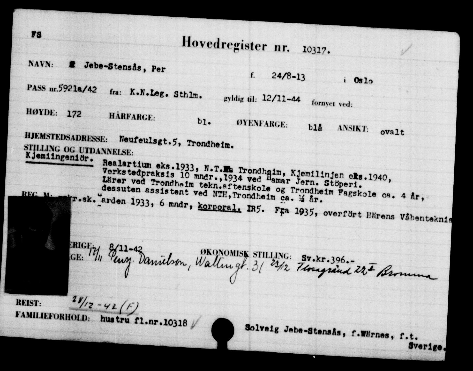 Utenriksstasjonene, Legasjonen i Stockholm, Flyktningkontoret, AV/RA-S-6753/V/Va/L0006: Kjesäterkartoteket, flyktninger med registreringsnr. 9400-12711, 1940-1945, s. 1052