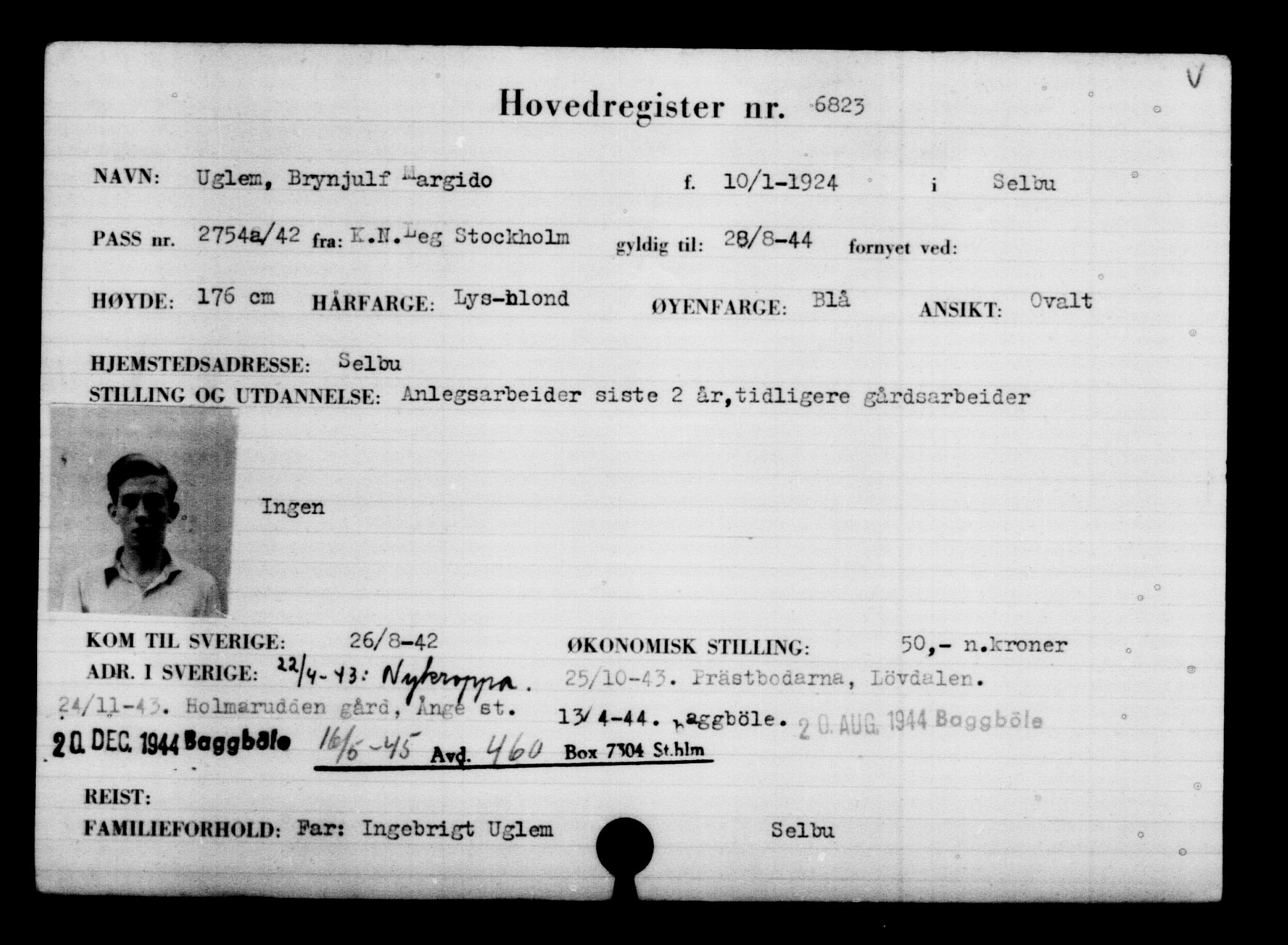 Utenriksstasjonene, Legasjonen i Stockholm, Flyktningkontoret, AV/RA-S-6753/V/Va/L0005: Kjesäterkartoteket, flyktning nr. 6600-9417, 1940-1945, s. 270
