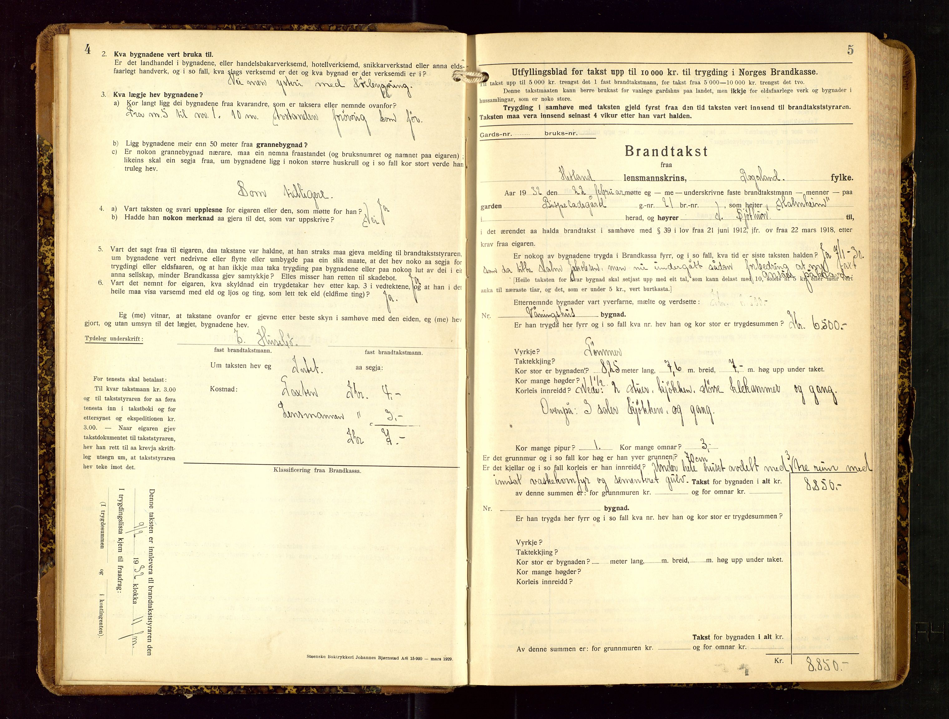 Hetland lensmannskontor, AV/SAST-A-100101/Gob/L0003: "Brandtakstbok", 1932-1934, s. 4-5