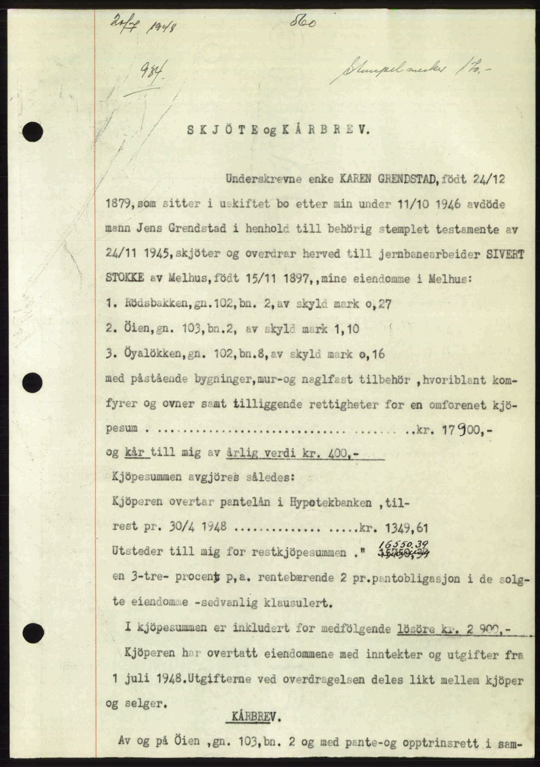 Gauldal sorenskriveri, SAT/A-0014/1/2/2C: Pantebok nr. A6, 1948-1948, Dagboknr: 934/1948