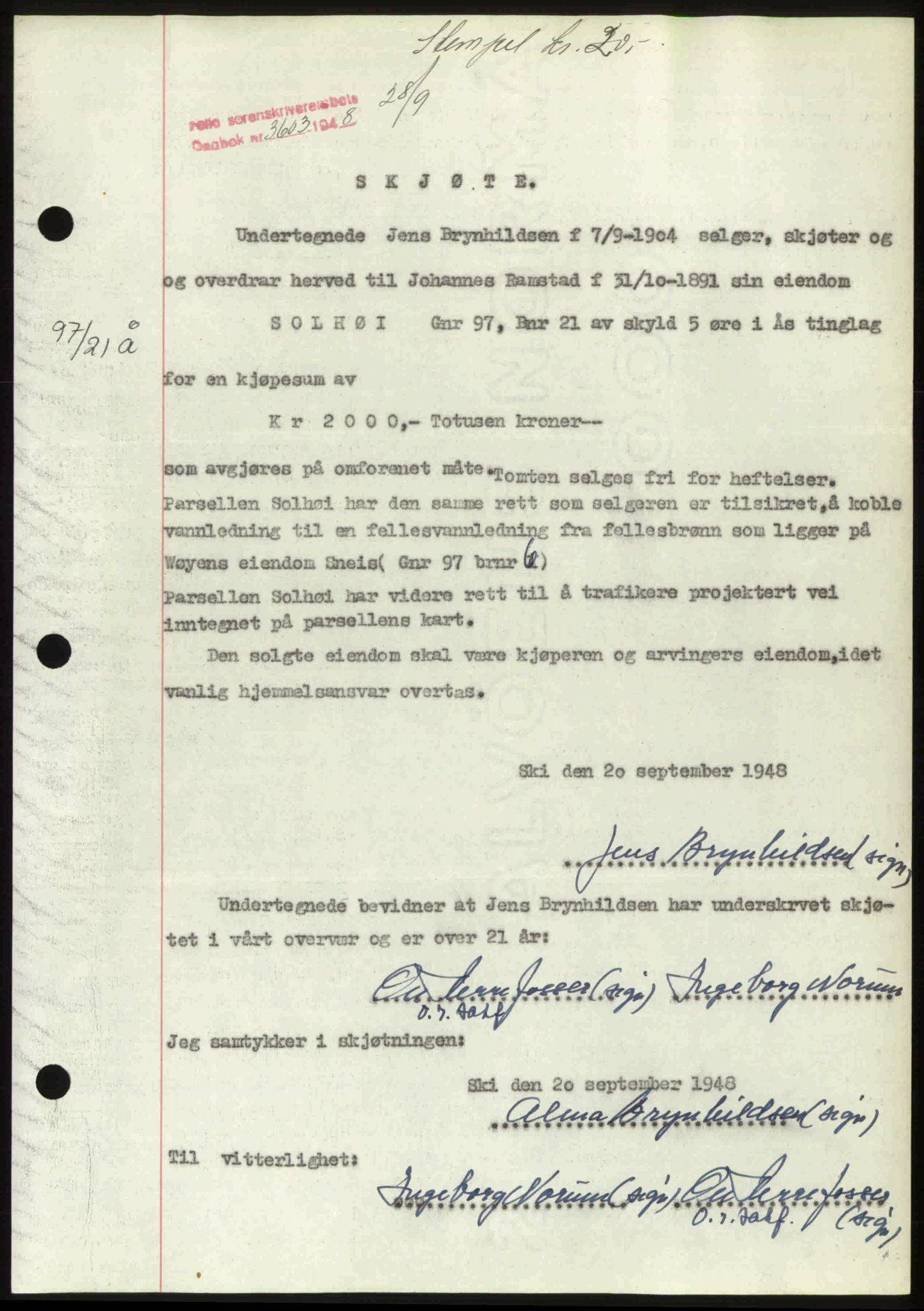 Follo sorenskriveri, SAO/A-10274/G/Ga/Gaa/L0085: Pantebok nr. I 85, 1948-1948, Dagboknr: 3603/1948