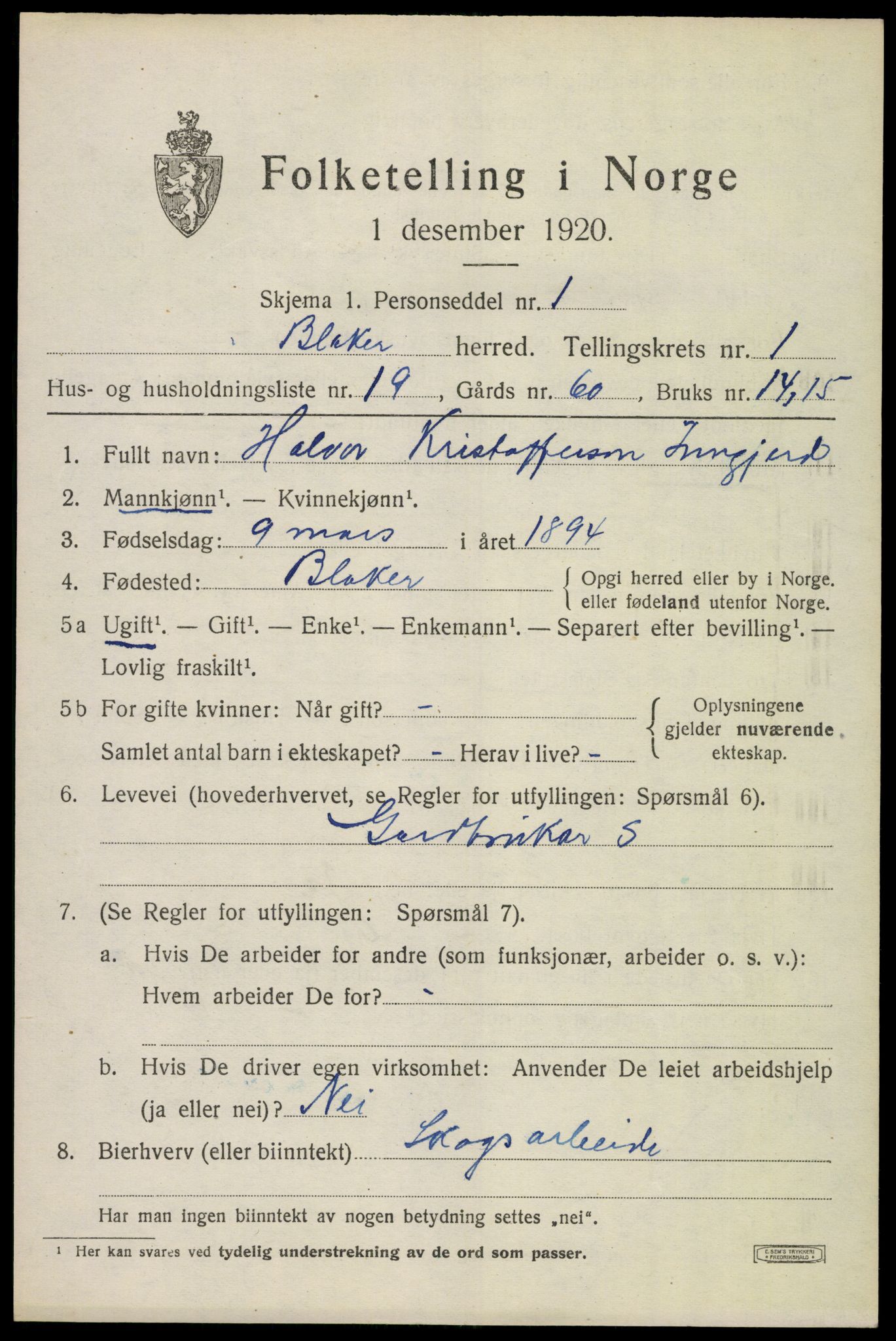 SAO, Folketelling 1920 for 0225 Blaker herred, 1920, s. 945