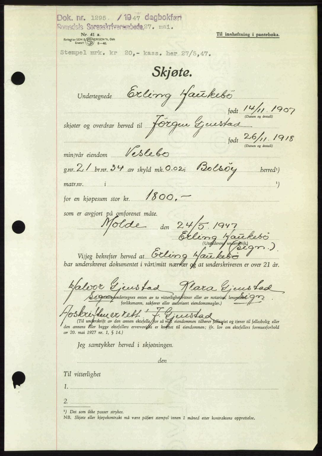 Romsdal sorenskriveri, AV/SAT-A-4149/1/2/2C: Pantebok nr. A23, 1947-1947, Dagboknr: 1295/1947