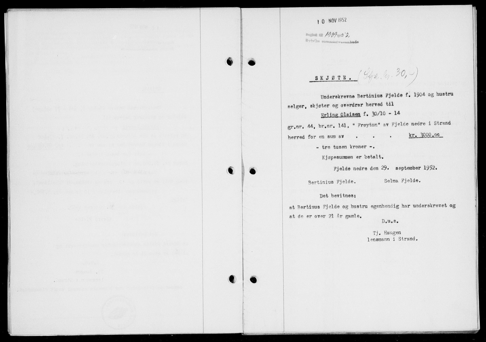 Ryfylke tingrett, SAST/A-100055/001/II/IIB/L0120: Pantebok nr. 99, 1952-1953, Dagboknr: 1939/1952