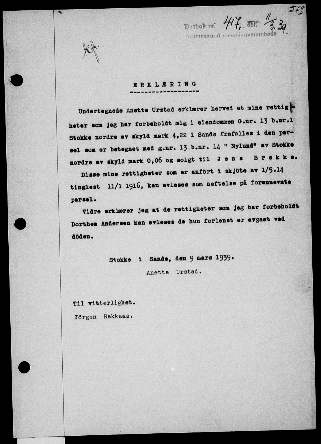 Holmestrand sorenskriveri, SAKO/A-67/G/Ga/Gaa/L0050: Pantebok nr. A-50, 1938-1939, Dagboknr: 417/1939