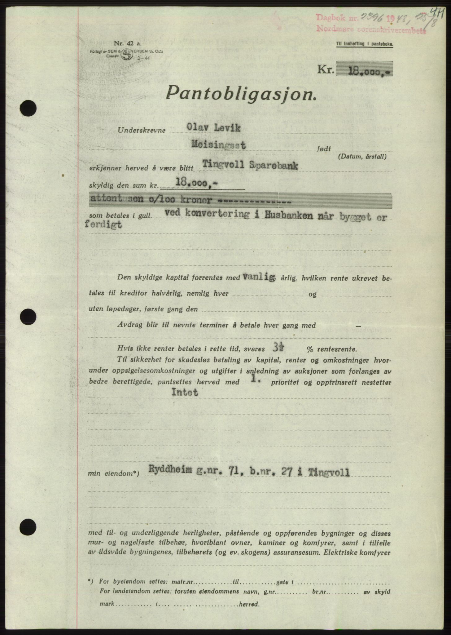 Nordmøre sorenskriveri, SAT/A-4132/1/2/2Ca: Pantebok nr. B99, 1948-1948, Dagboknr: 2396/1948