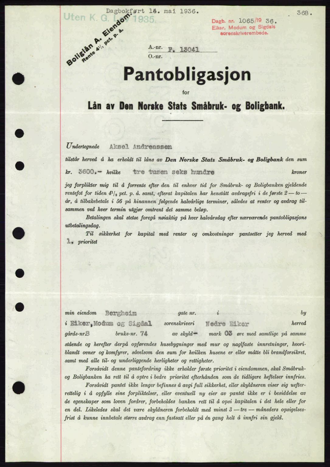 Eiker, Modum og Sigdal sorenskriveri, SAKO/A-123/G/Ga/Gab/L0032: Pantebok nr. A2, 1936-1936, Dagboknr: 1065/1936