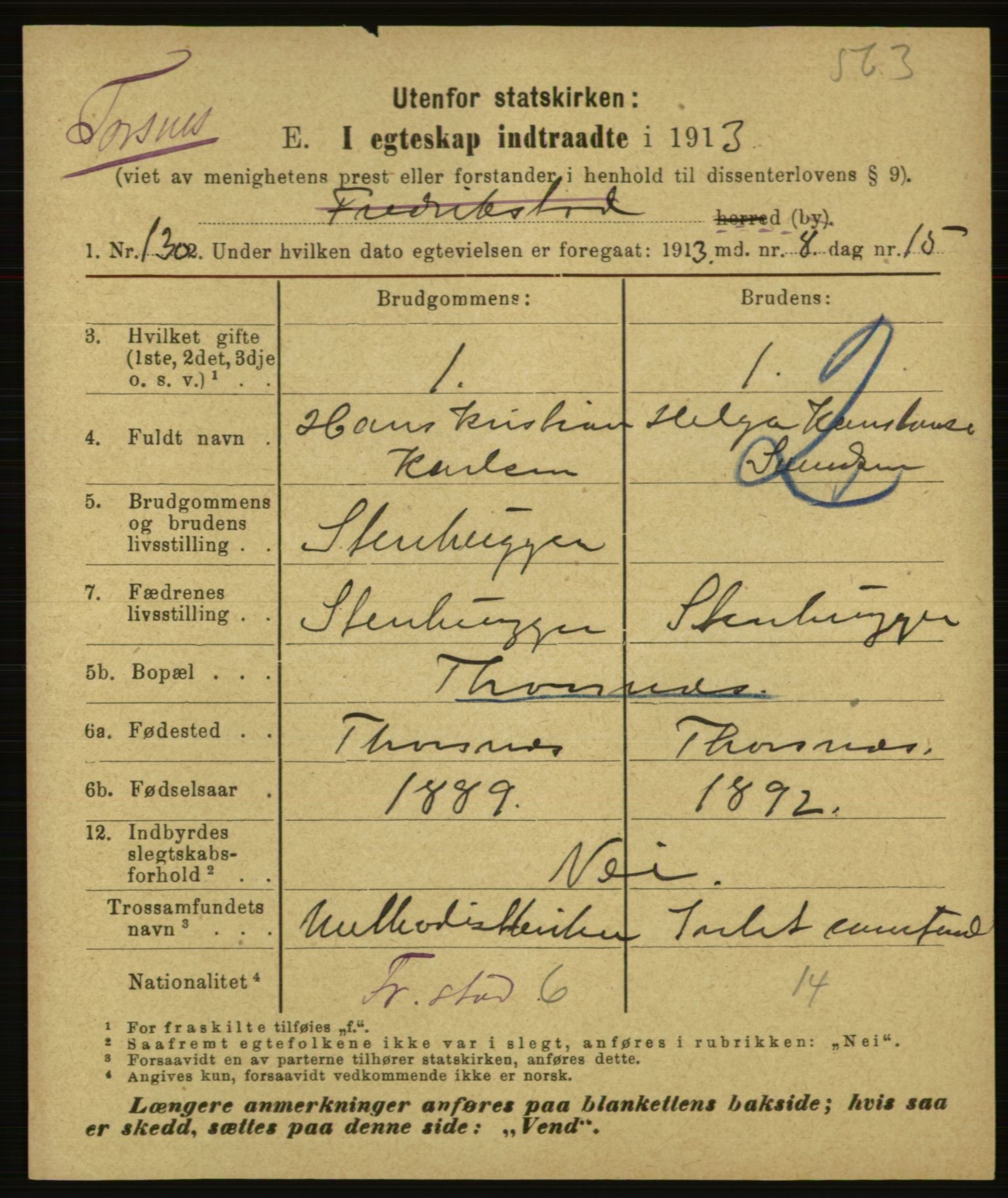 Statistisk sentralbyrå, Sosiodemografiske emner, Befolkning, AV/RA-S-2228/E/L0011: Fødte, gifte, døde dissentere., 1913, s. 1621