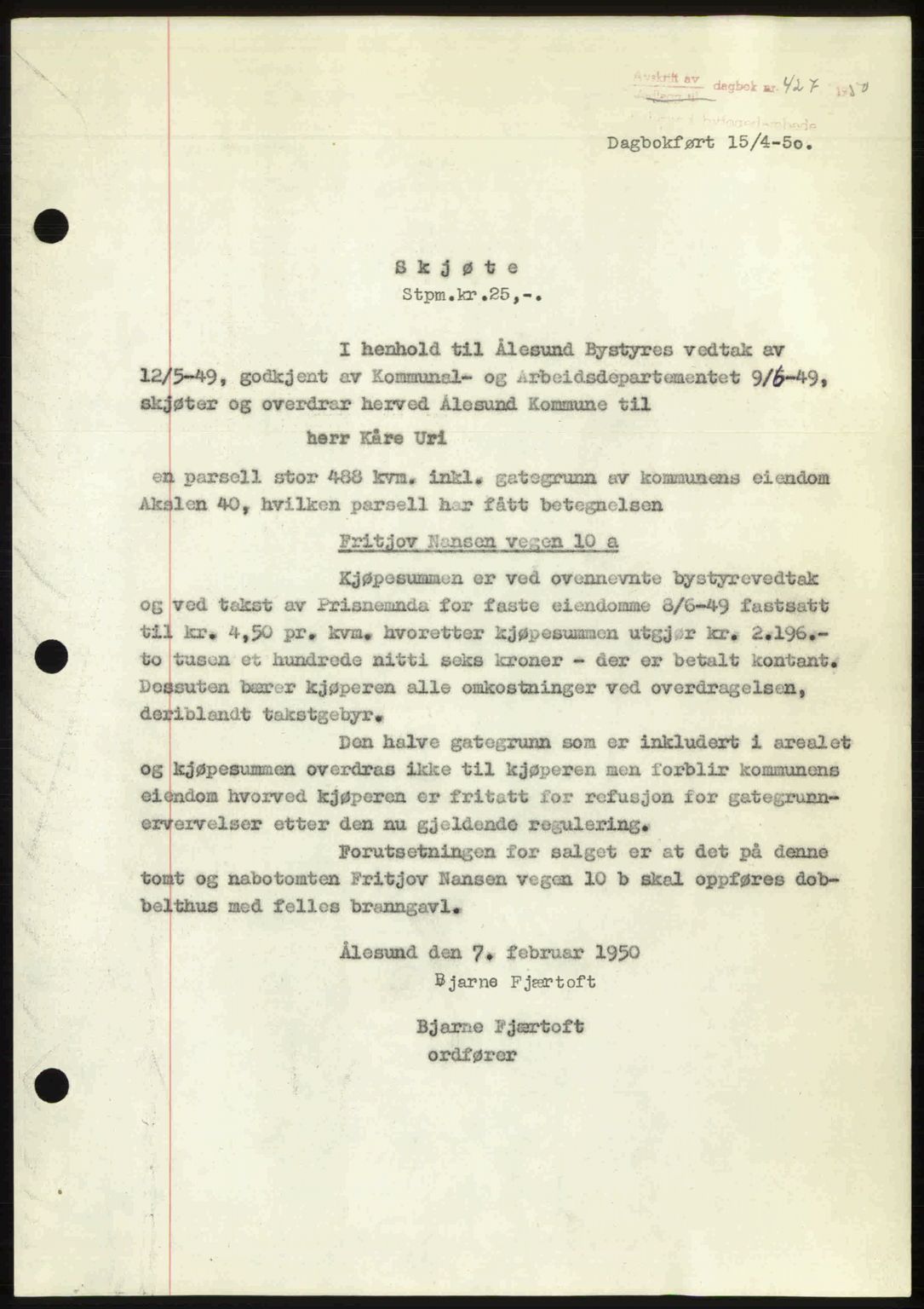 Ålesund byfogd, AV/SAT-A-4384: Pantebok nr. 37A (2), 1949-1950, Dagboknr: 427/1950