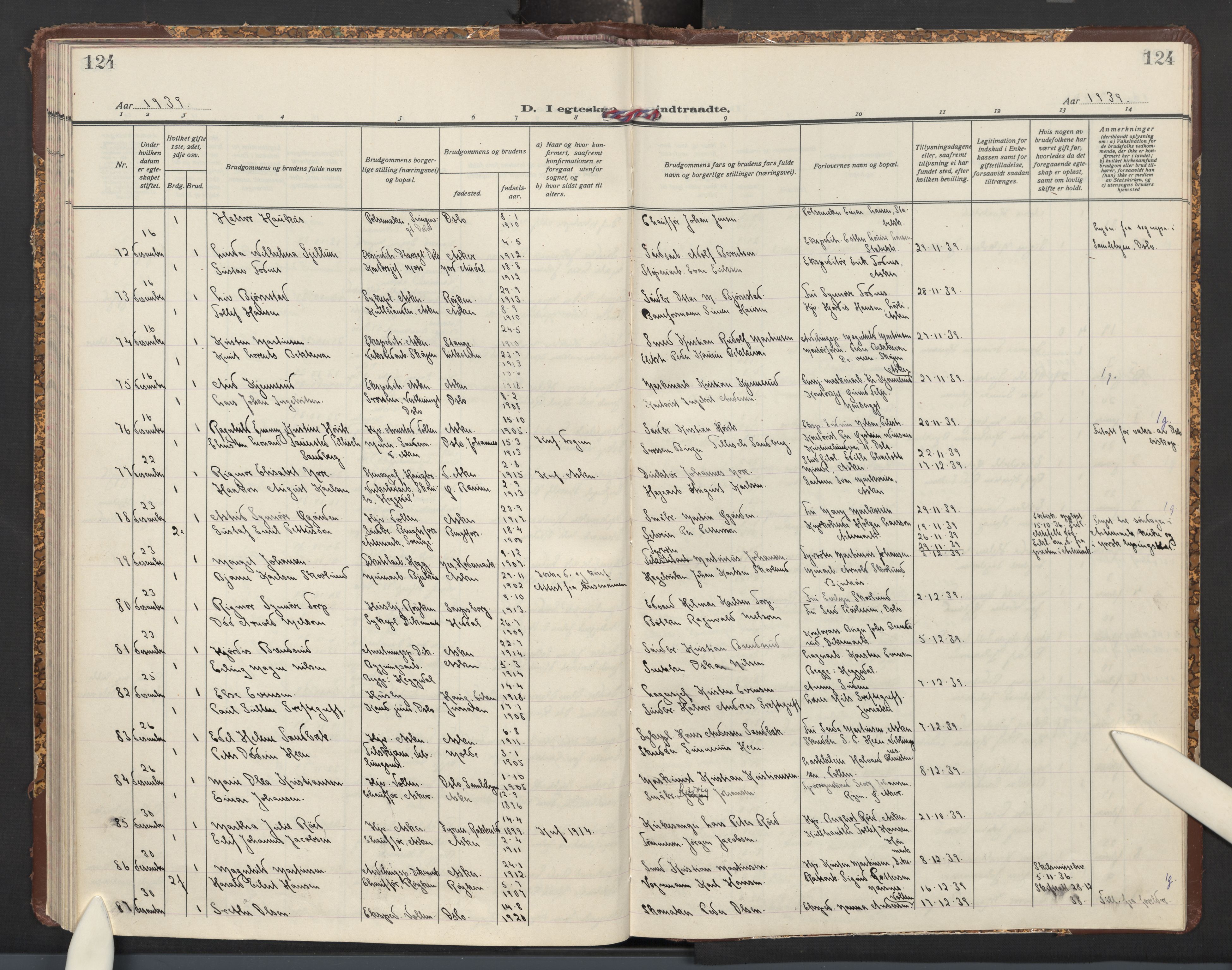 Asker prestekontor Kirkebøker, SAO/A-10256a/F/Fa/L0021: Ministerialbok nr. I 21, 1936-1945, s. 124