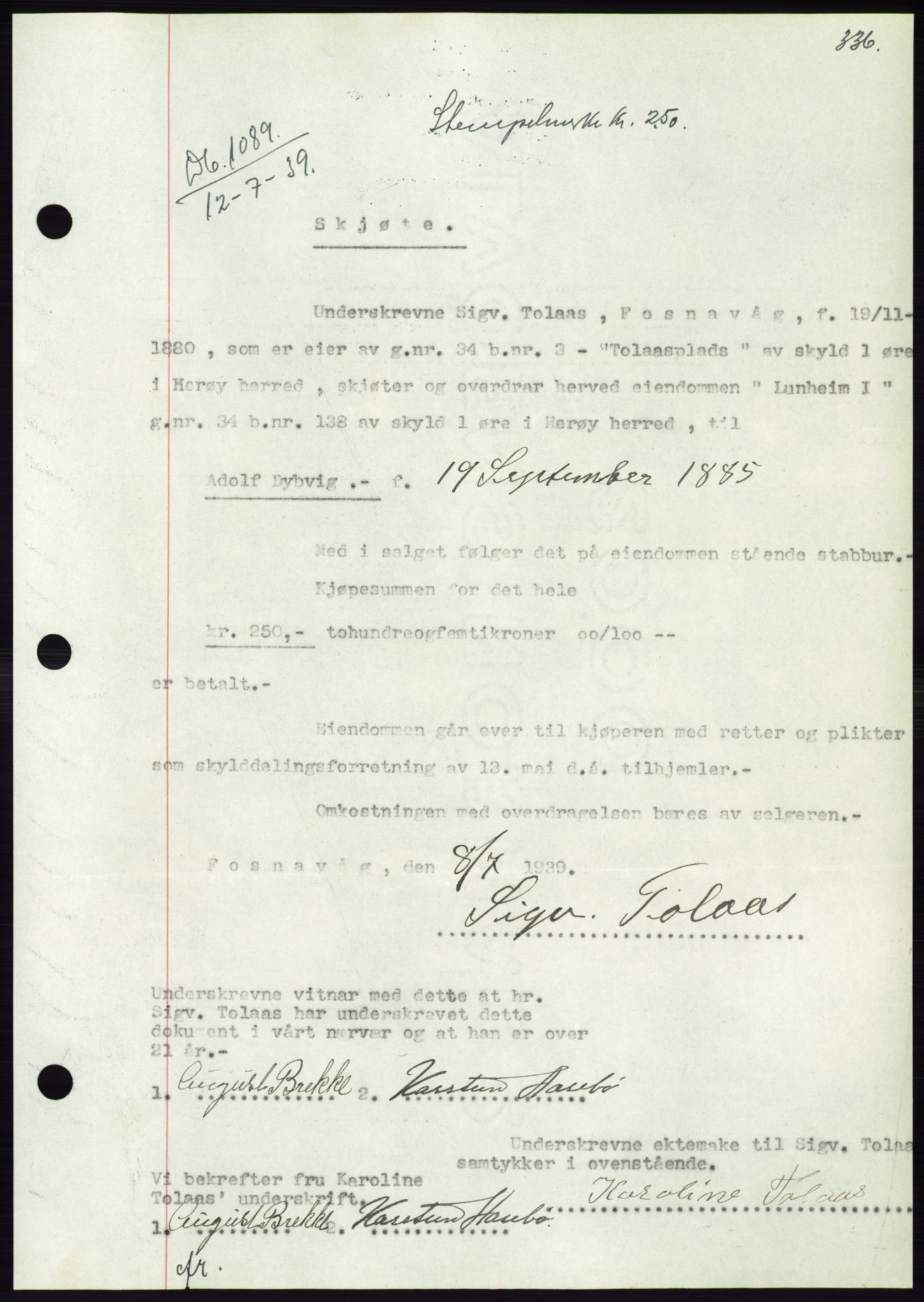 Søre Sunnmøre sorenskriveri, AV/SAT-A-4122/1/2/2C/L0068: Pantebok nr. 62, 1939-1939, Dagboknr: 1089/1939