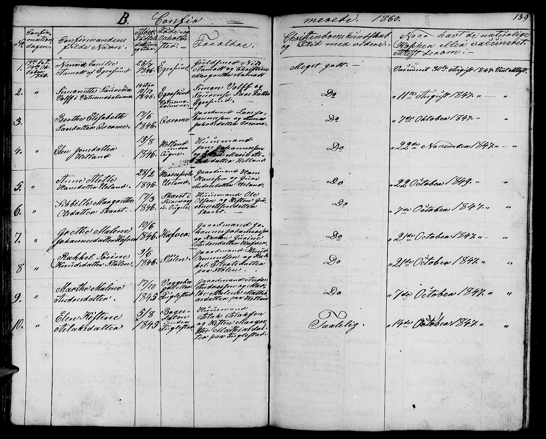 Eigersund sokneprestkontor, AV/SAST-A-101807/001/30/30BB/L0003: Klokkerbok nr. B 3, 1846-1875, s. 139