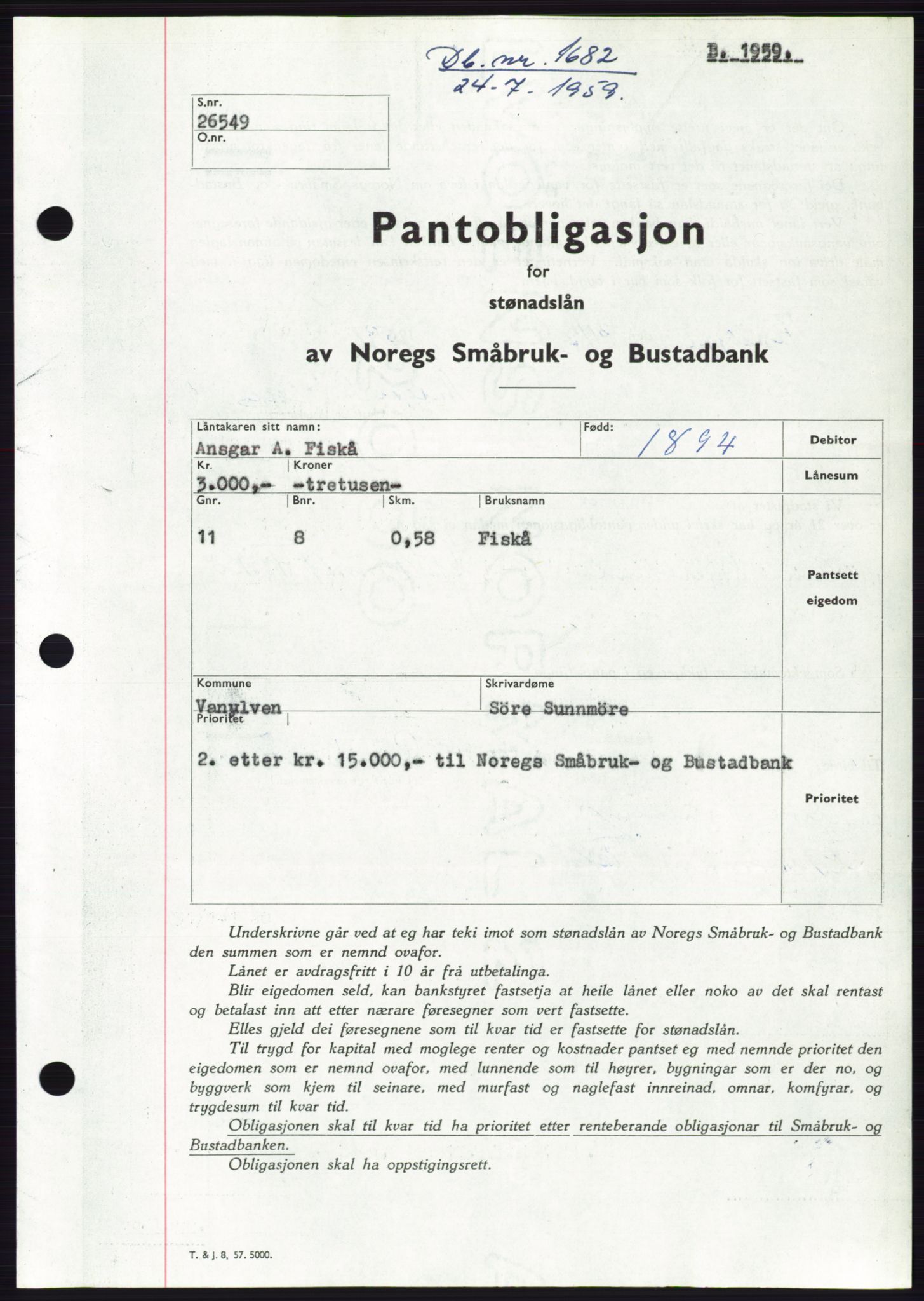 Søre Sunnmøre sorenskriveri, SAT/A-4122/1/2/2C/L0133: Pantebok nr. 21B, 1959-1959, Dagboknr: 1682/1959