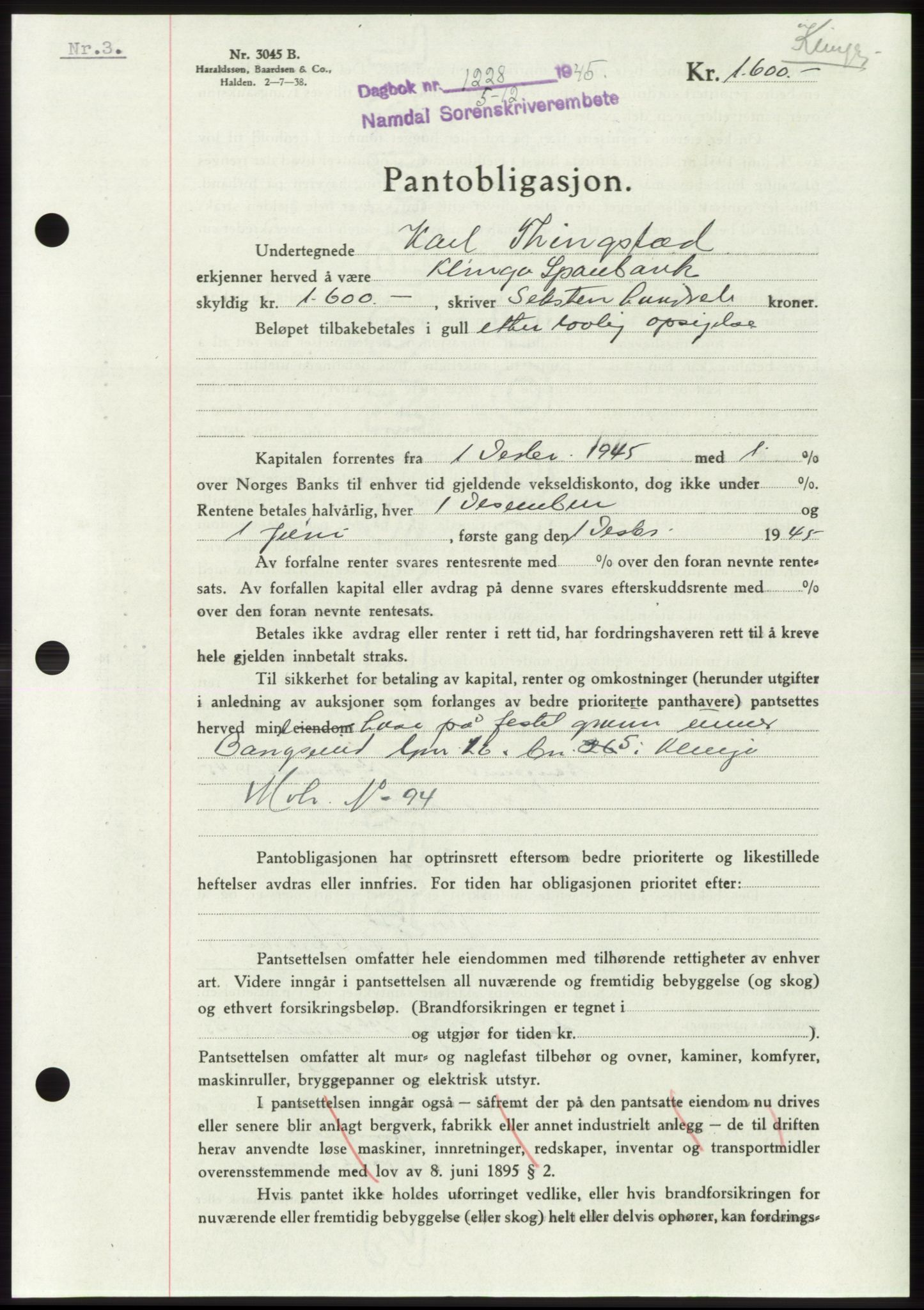 Namdal sorenskriveri, SAT/A-4133/1/2/2C: Pantebok nr. -, 1944-1945, Dagboknr: 1228/1945