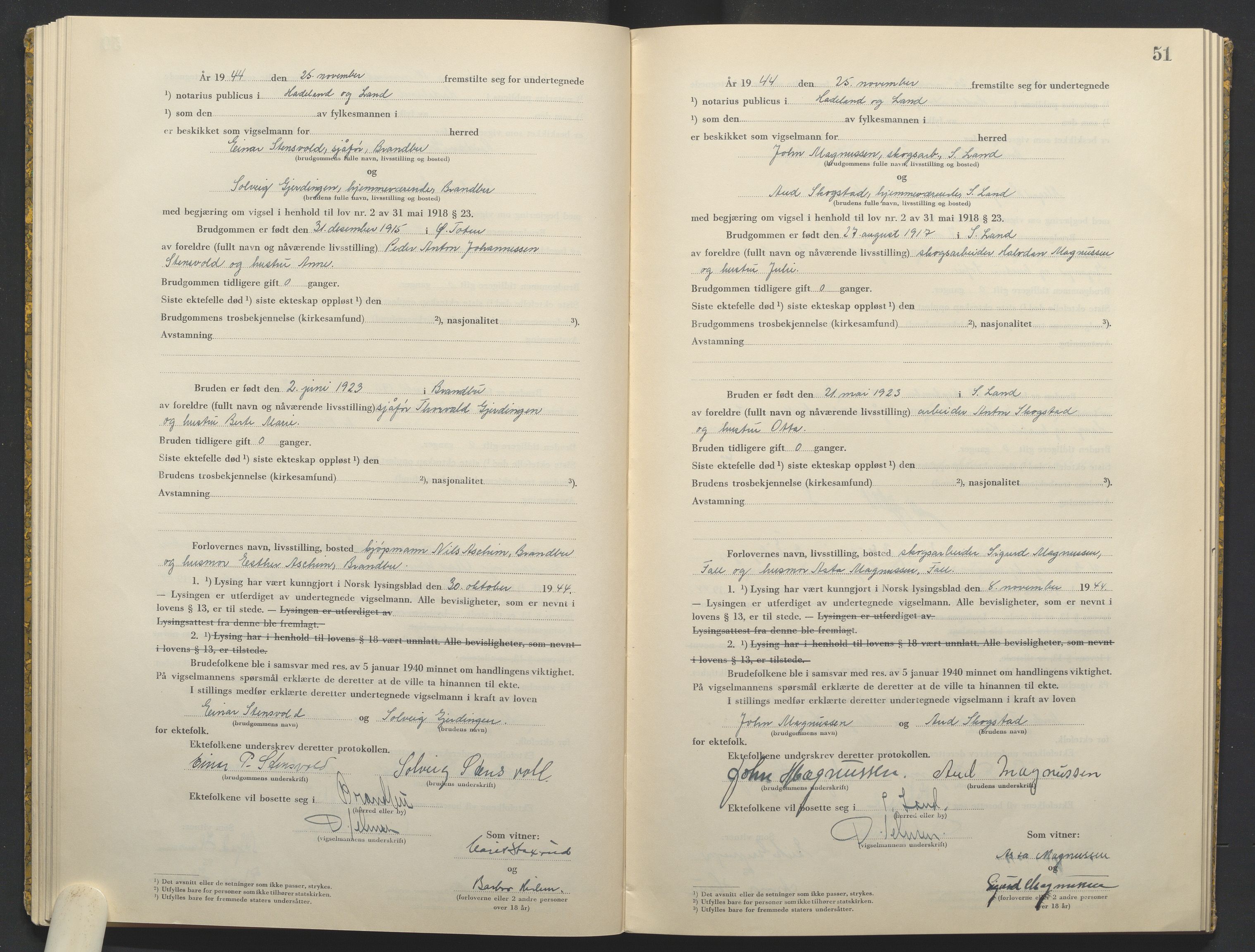 Hadeland og Land tingrett, AV/SAH-TING-010/L/Lb/L0003: Vigselbok, 1944-1946, s. 51