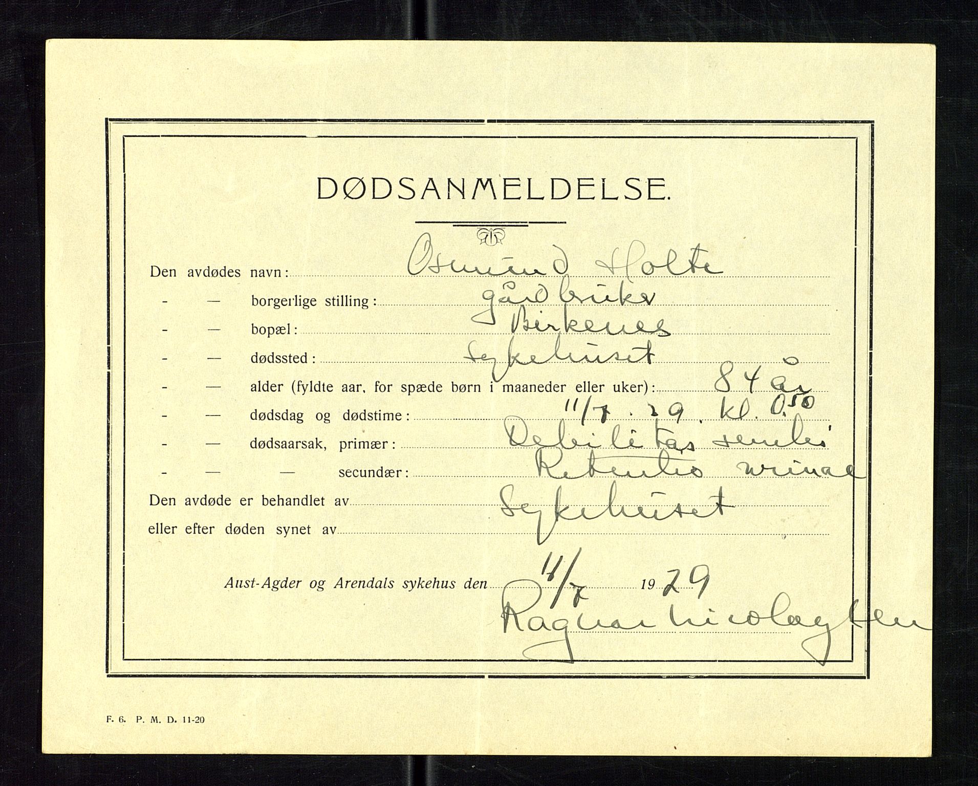 Birkenes lensmannskontor, SAK/1241-0004/F/Fe/L0002/0003: Dødsfall / Dødsfallsmeldinger, 1915-1945