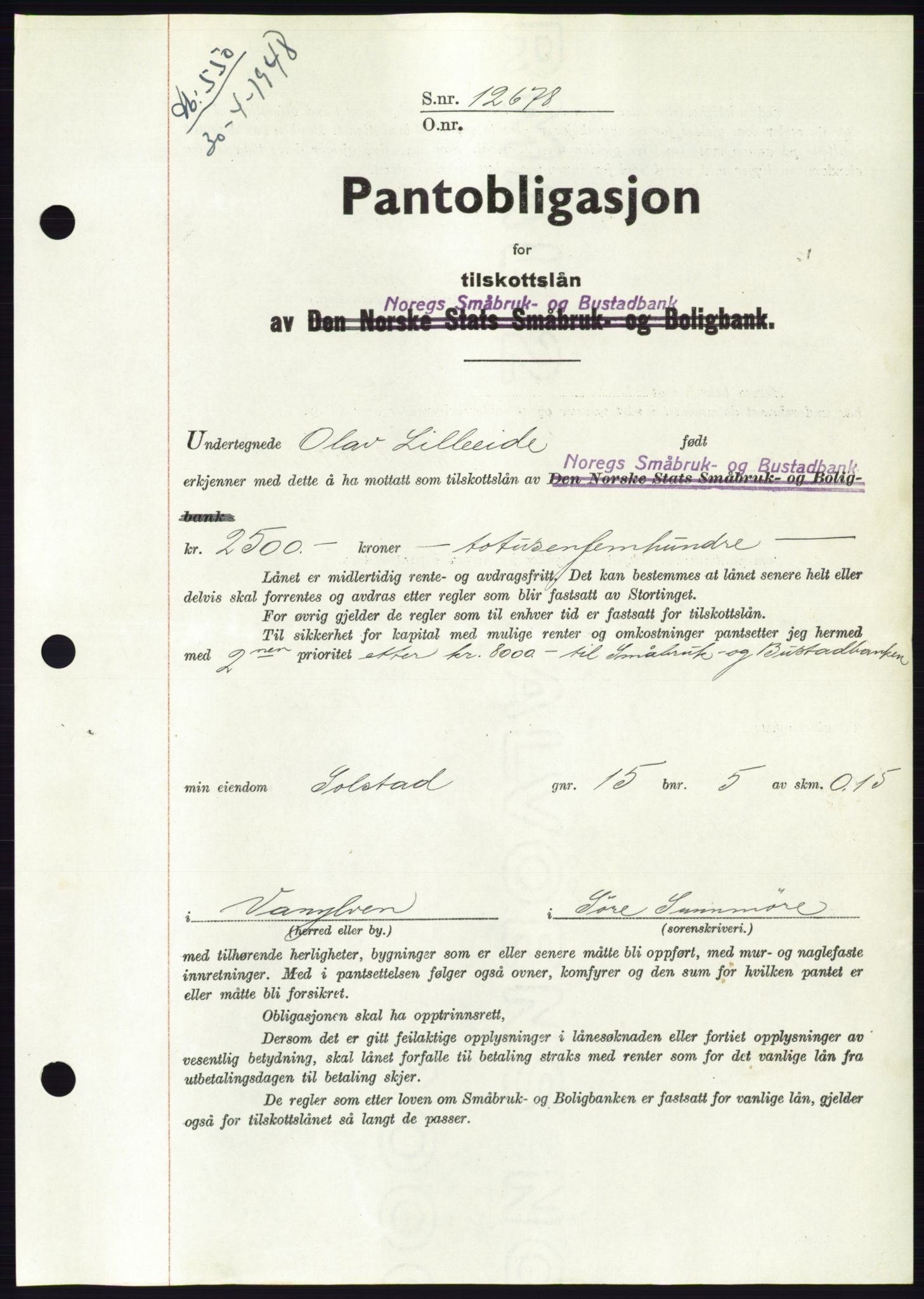 Søre Sunnmøre sorenskriveri, AV/SAT-A-4122/1/2/2C/L0115: Pantebok nr. 3B, 1947-1948, Dagboknr: 550/1948