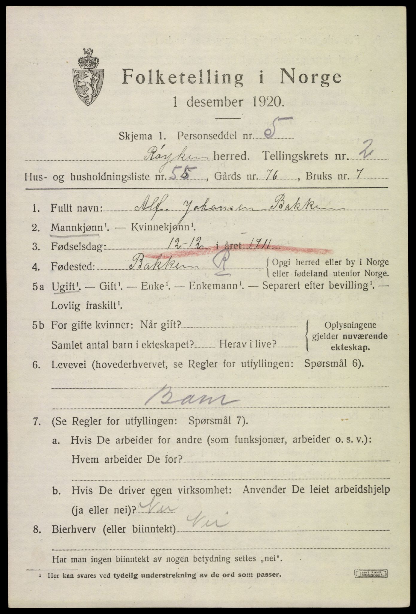 SAKO, Folketelling 1920 for 0627 Røyken herred, 1920, s. 3602