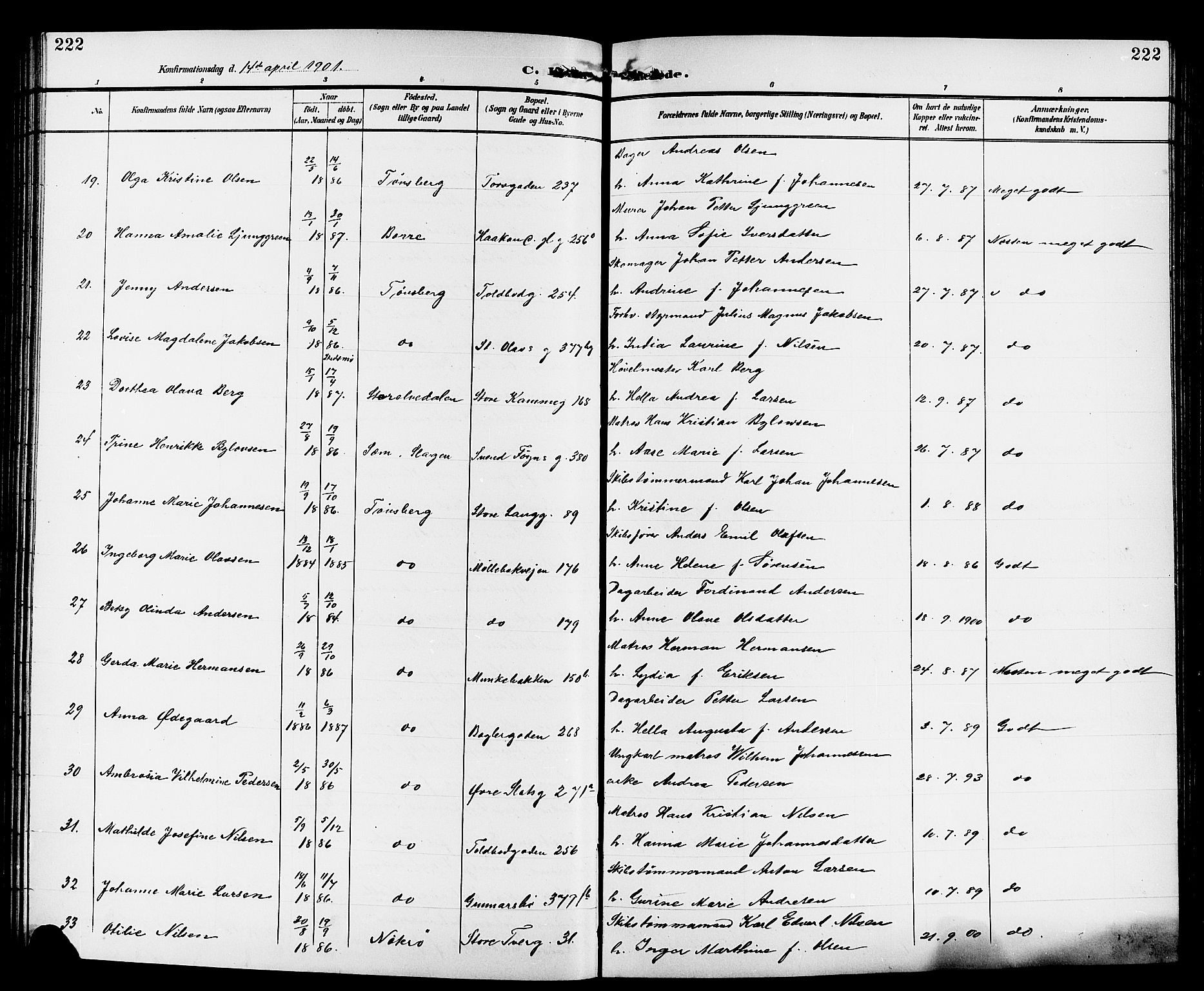 Tønsberg kirkebøker, AV/SAKO-A-330/G/Ga/L0007: Klokkerbok nr. 7, 1896-1904, s. 222