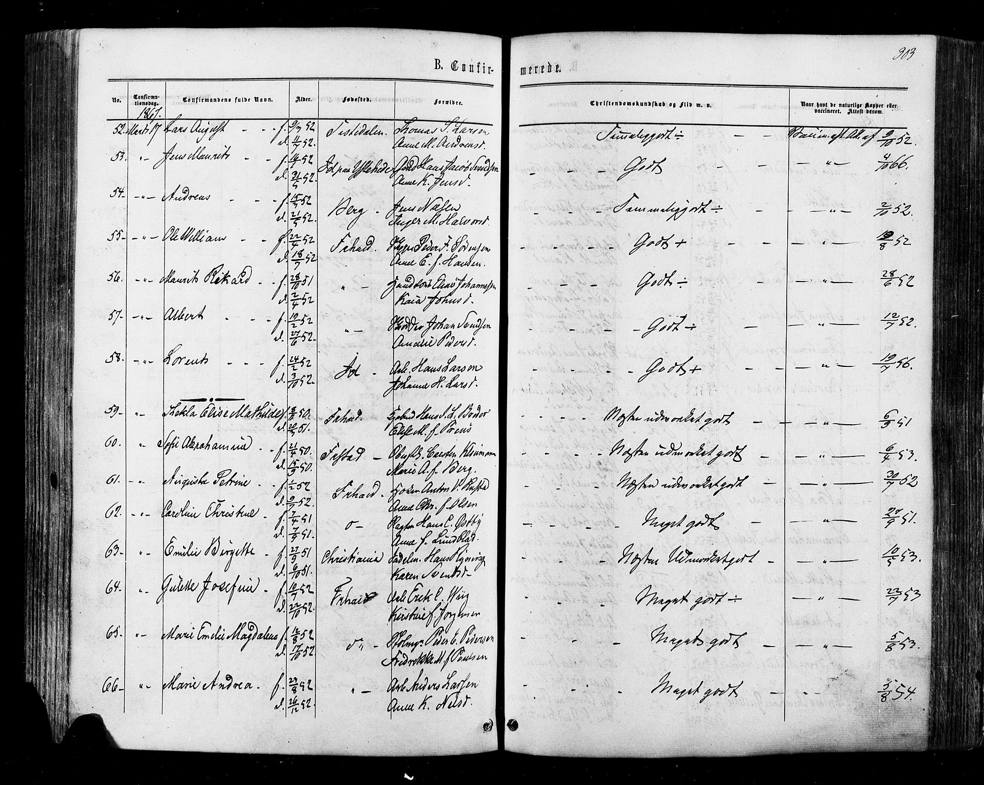 Halden prestekontor Kirkebøker, AV/SAO-A-10909/F/Fa/L0009: Ministerialbok nr. I 9, 1866-1877, s. 303